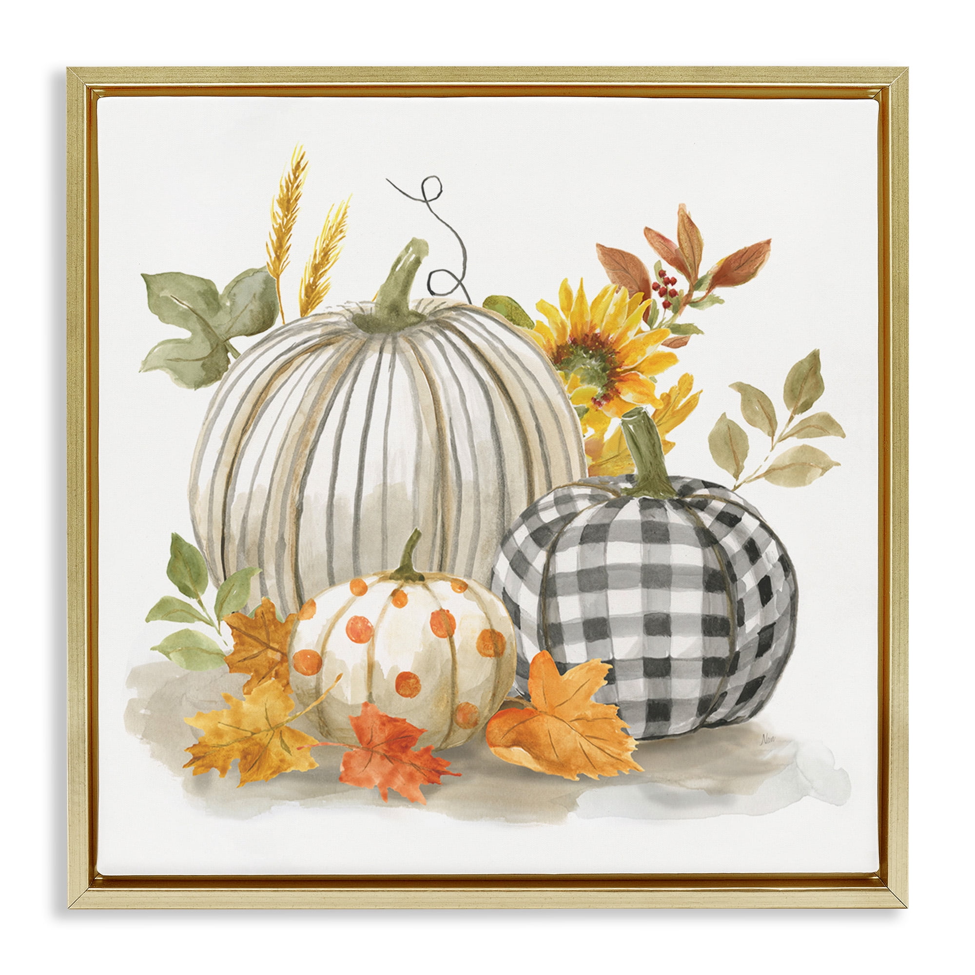 Stupell Industries Patterned Pumpkins Autumn Harvest Botanical & Floral Painting Gold Floater Framed Canvas Art Print Wall Art, 18 x 18