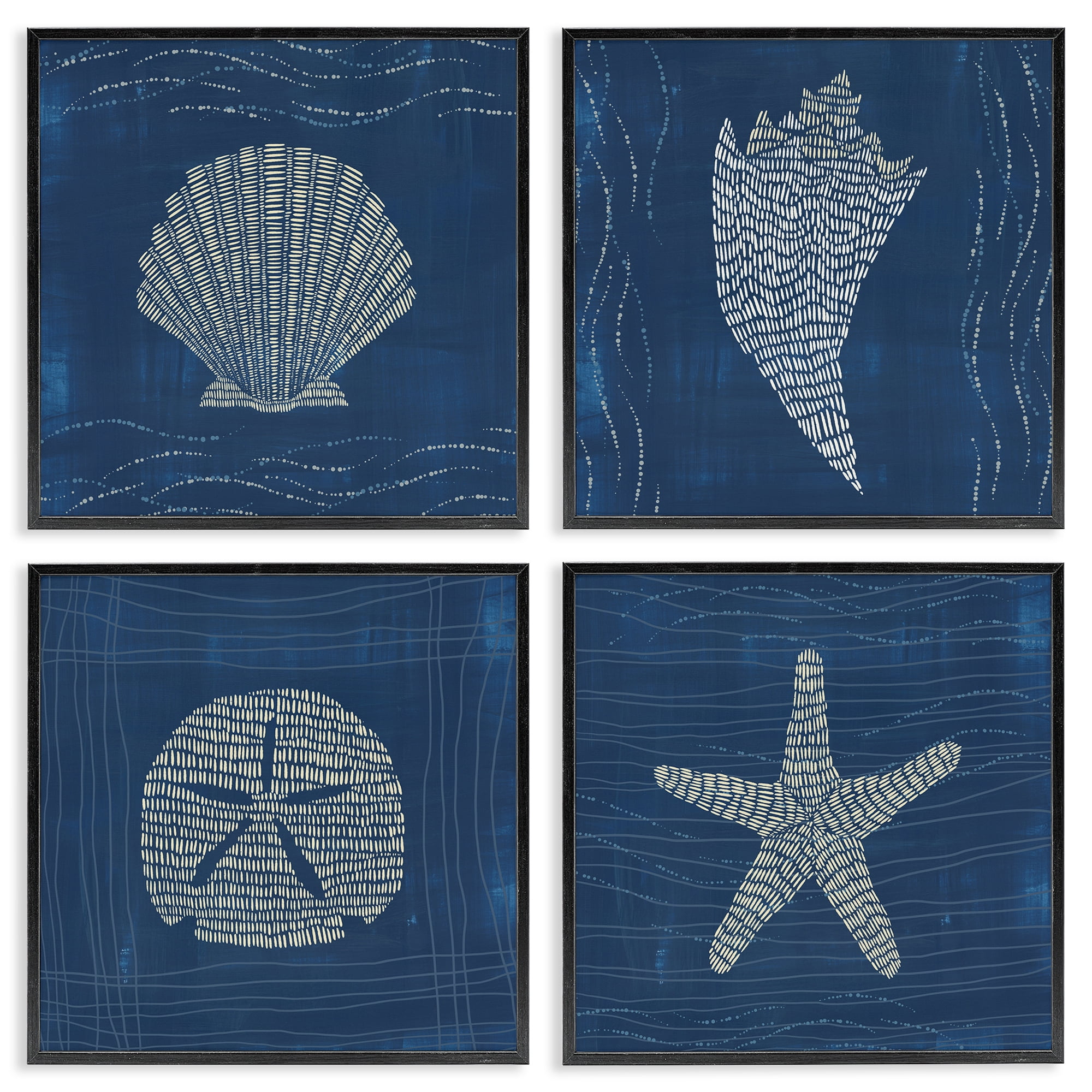 Stupell Industries Patterned Sea Life Portraits Nautical & Beach Painting Black Framed Art Print Wall Art, 12 x 12, Set of 4