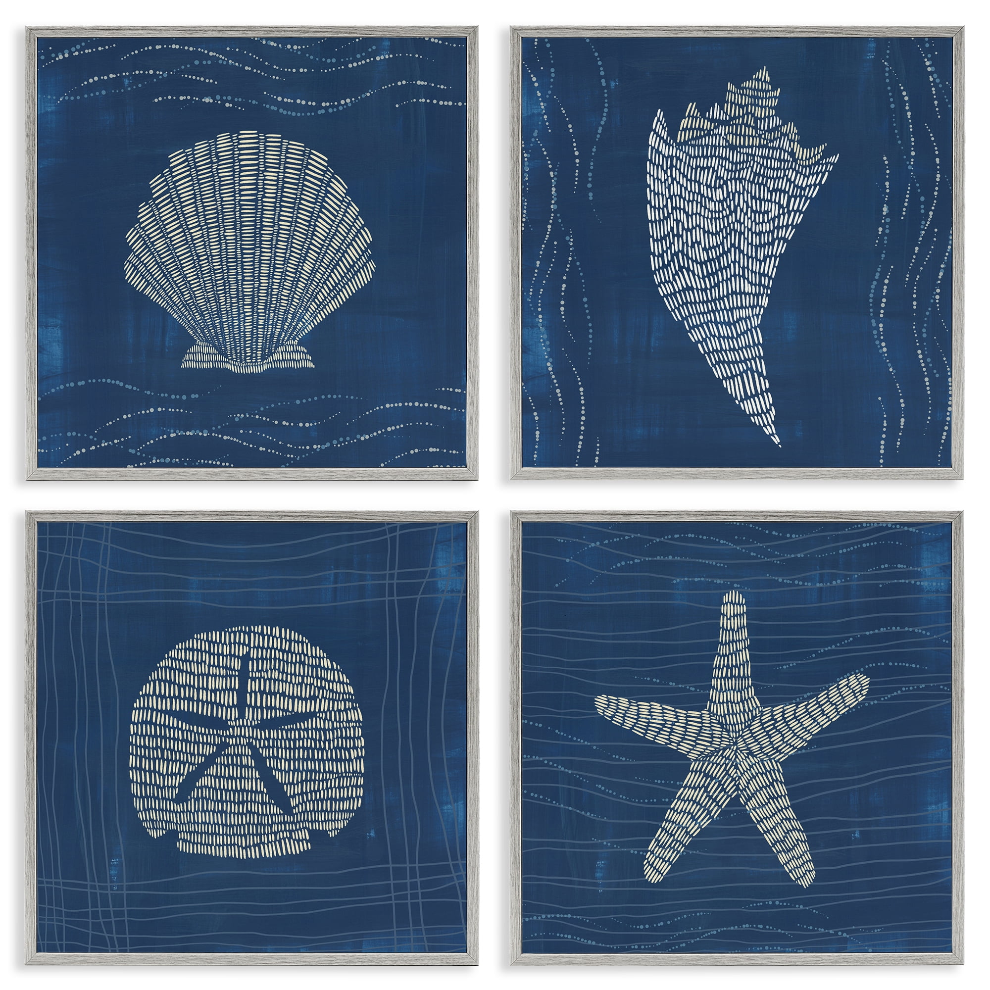 Stupell Industries Patterned Sea Life Portraits Nautical & Beach Painting Gray Framed Art Print Wall Art, 12 x 12, Set of 4