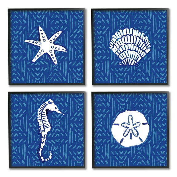 Stupell Industries Patterned Seashells Sea Horse Graphic Art Black Framed Art Print Wall Art, Set of 4, Design by Mercedes Lopez Charro