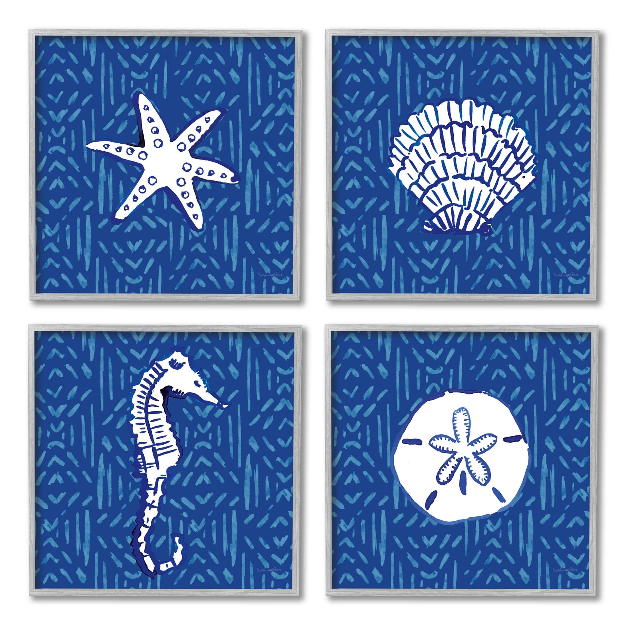 Stupell Industries Patterned Seashells Sea Horse Graphic Art Gray Framed Art Print Wall Art, Set of 4, Design by Mercedes Lopez Charro