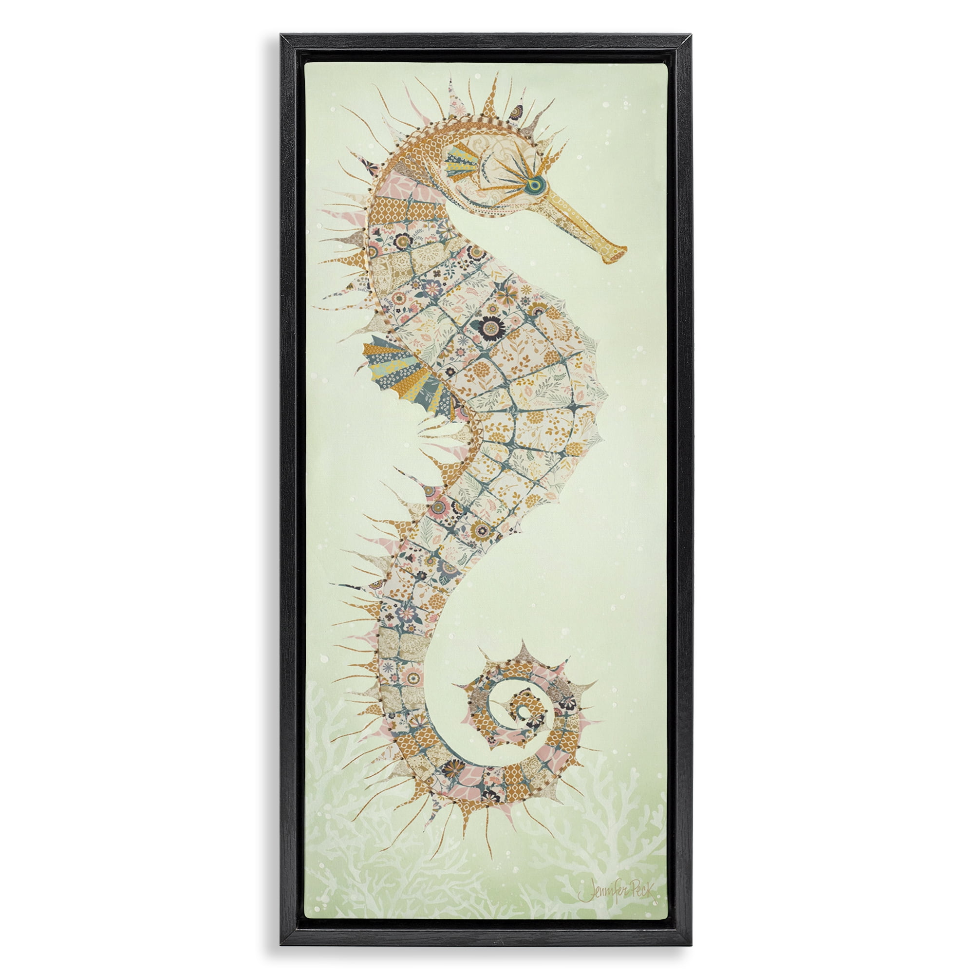 Stupell Industries Patterned Spikey Seahorse Animals & Insects Painting Black Floater Framed Canvas Art Print Wall Art, 11 x 25