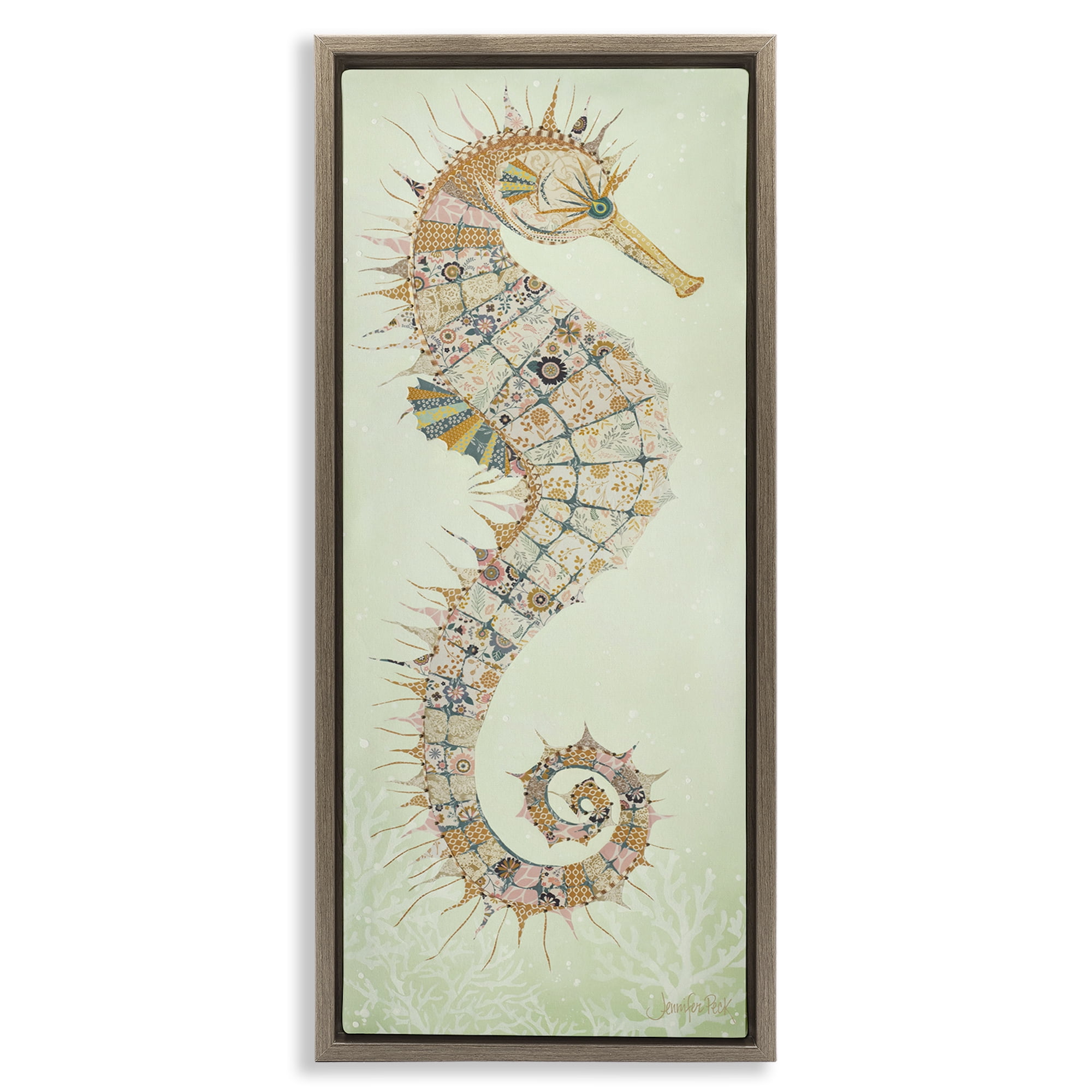 Stupell Industries Patterned Spikey Seahorse Animals & Insects Painting Brown Floater Framed Canvas Art Print Wall Art, 11 x 25