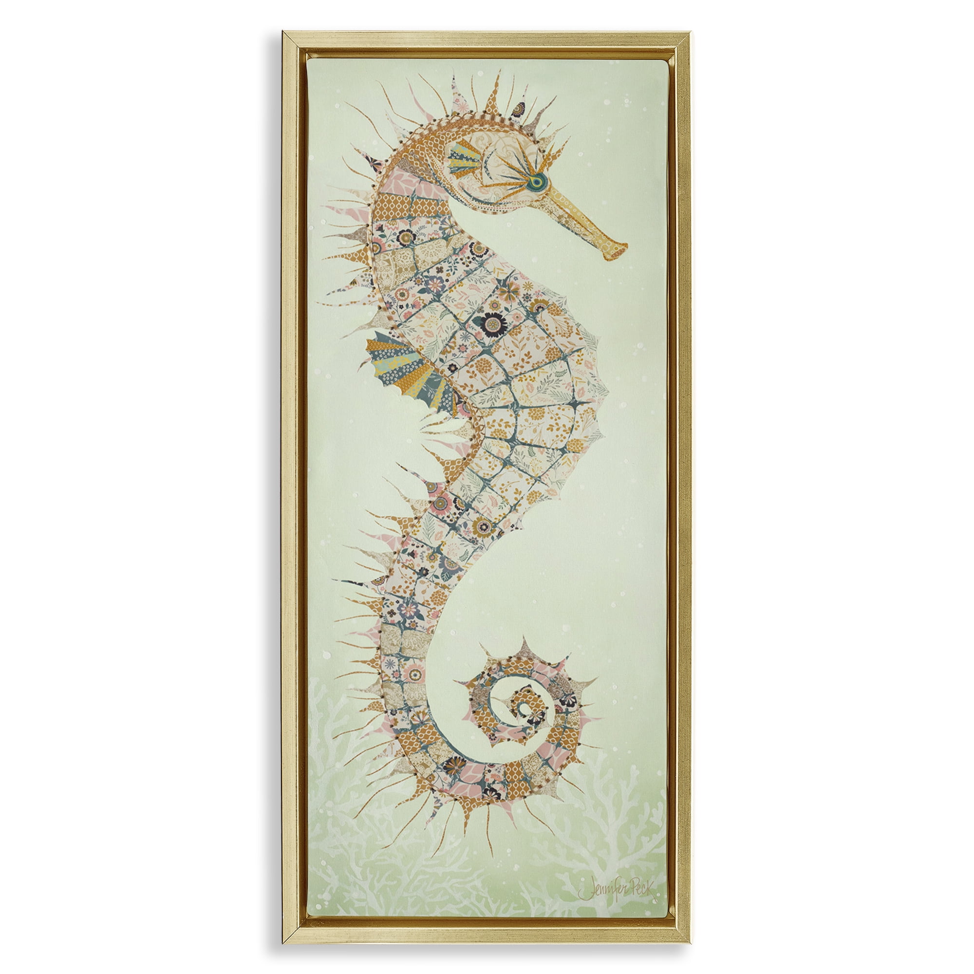 Stupell Industries Patterned Spikey Seahorse Animals & Insects Painting Gold Floater Framed Canvas Art Print Wall Art, 11 x 25