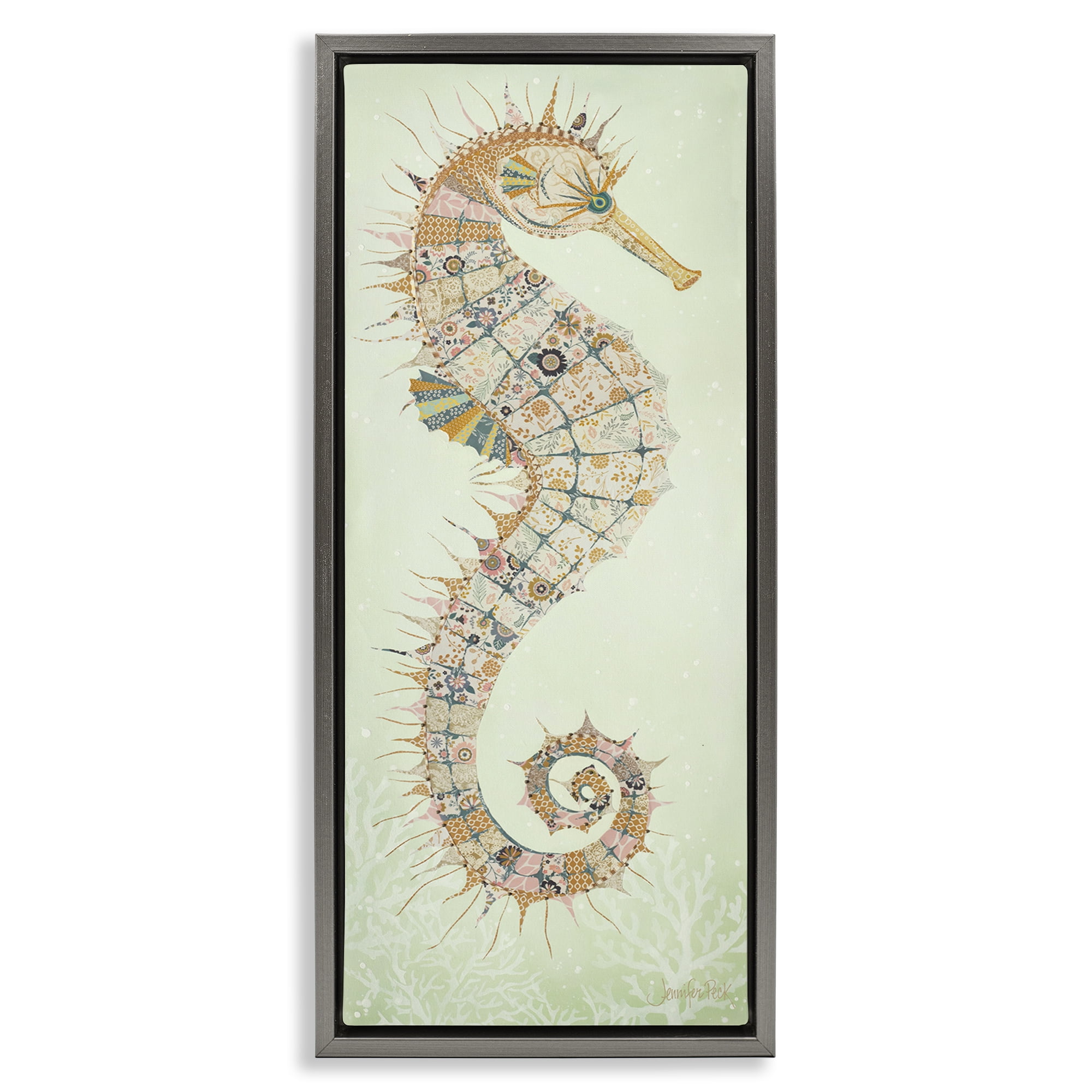 Stupell Industries Patterned Spikey Seahorse Animals & Insects Painting Gray Floater Framed Canvas Art Print Wall Art, 11 x 25