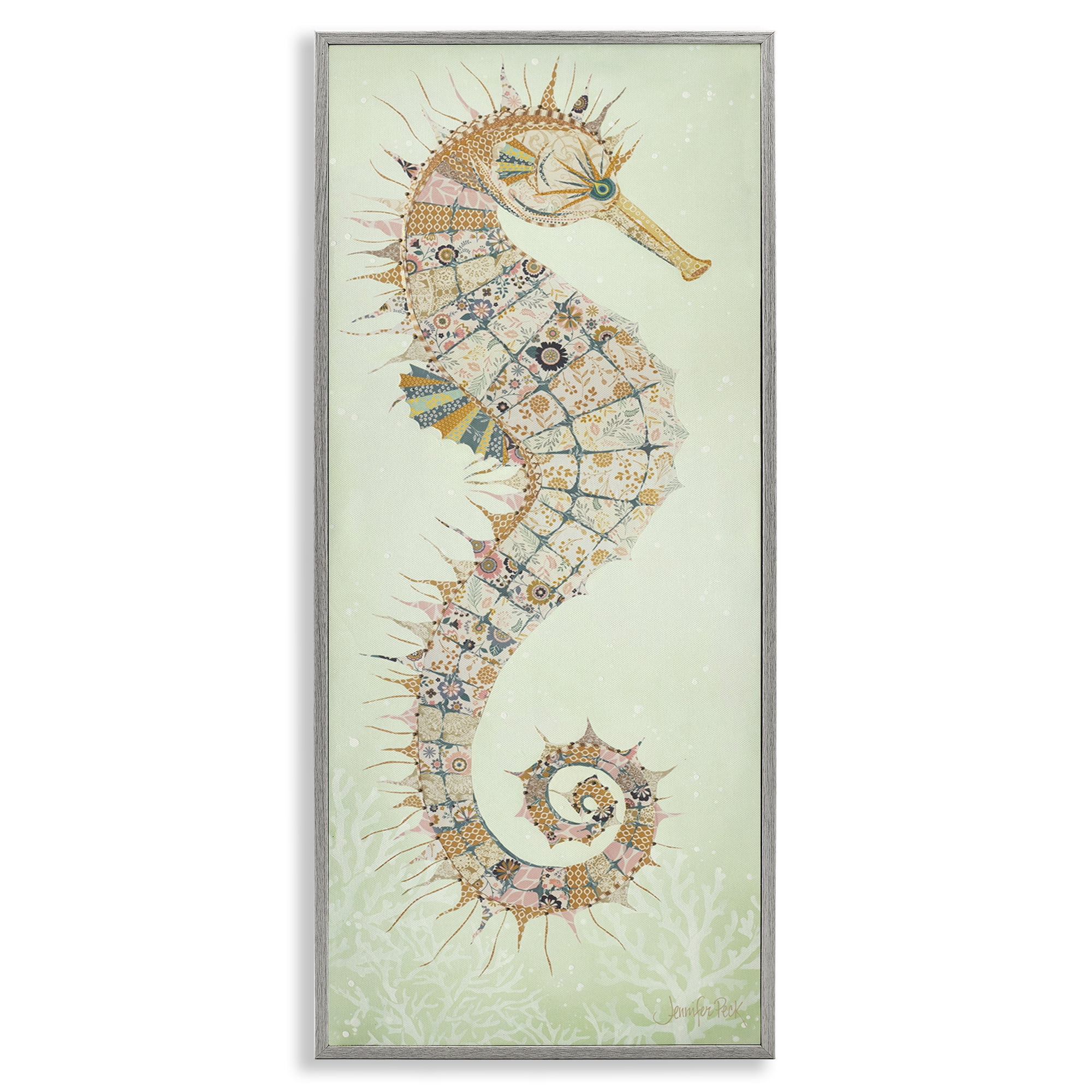 Stupell Industries Patterned Spikey Seahorse Animals & Insects Painting Gray Framed Art Print Wall Art, 10 x 24