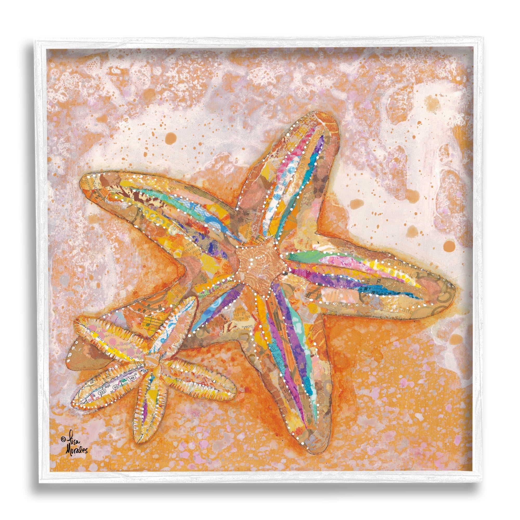 Stupell Industries Patterned Starfish Ocean Foam Layered Ephemera Collage Painting White Framed Art Print Wall Art, Design by Lisa Morales