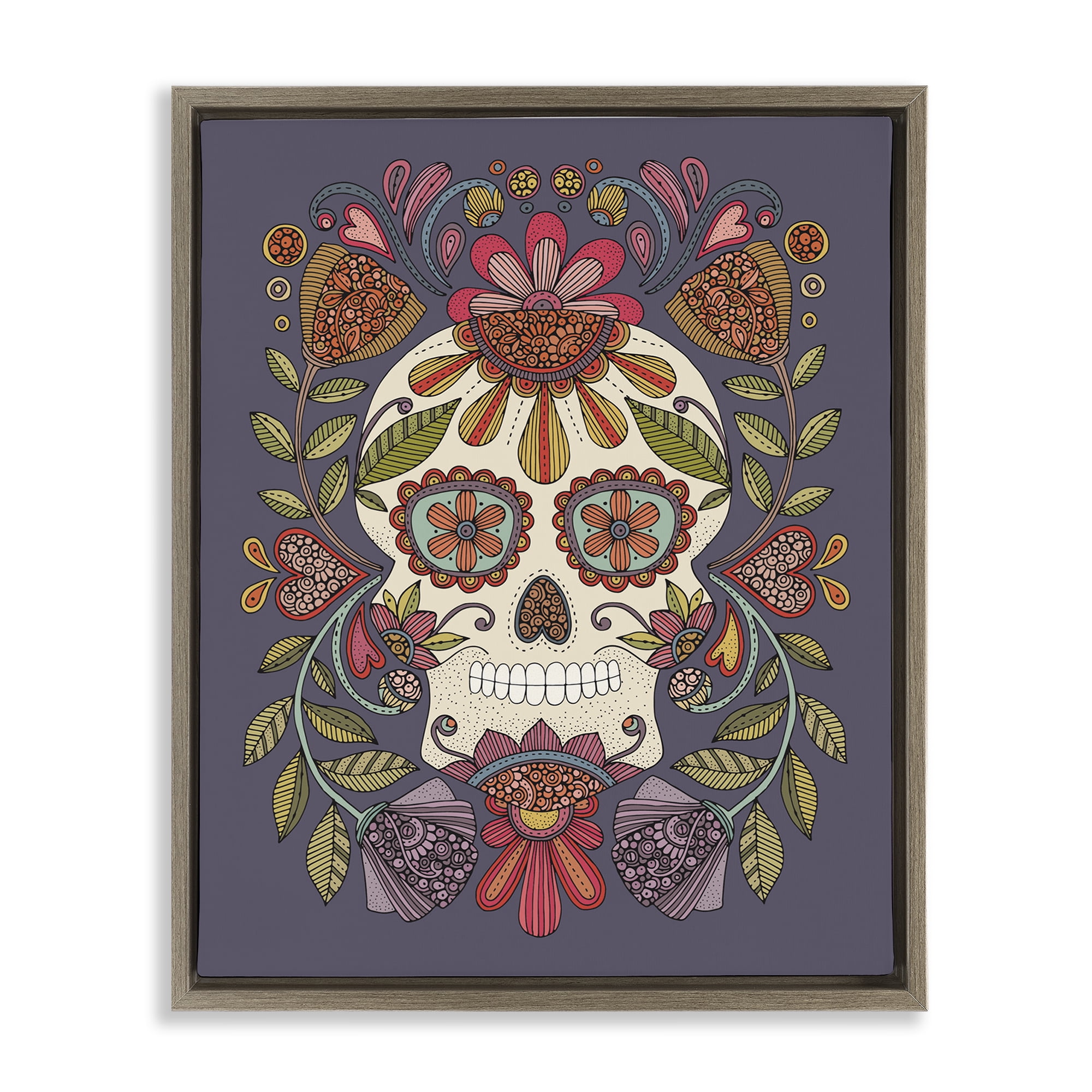 Stupell Industries Patterned Sugar Skull Holiday Painting Brown Floater Framed Art Print Wall Art, 17 x 21