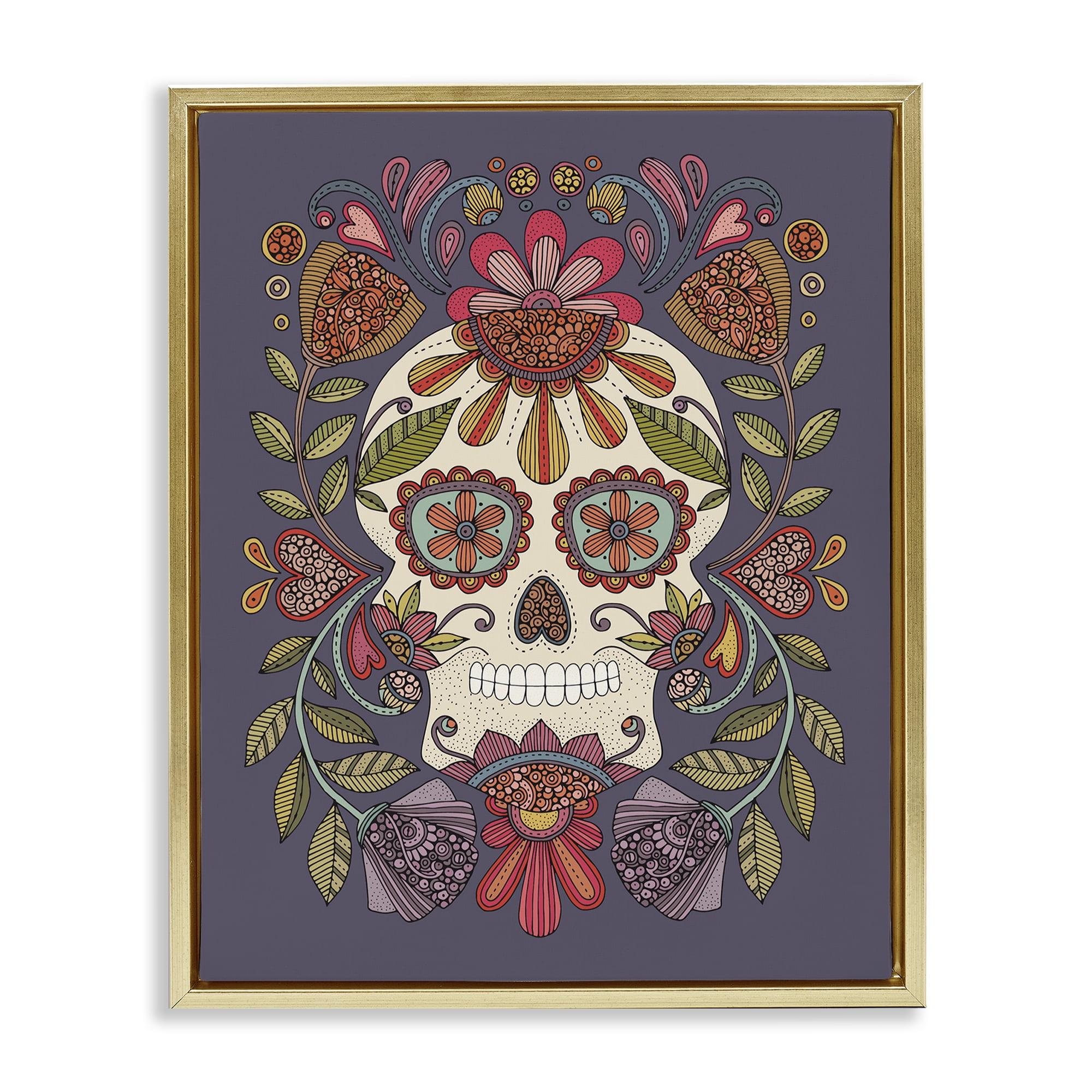 Stupell Industries Patterned Sugar Skull Holiday Painting Gold Floater Framed Art Print Wall Art, 17 x 21