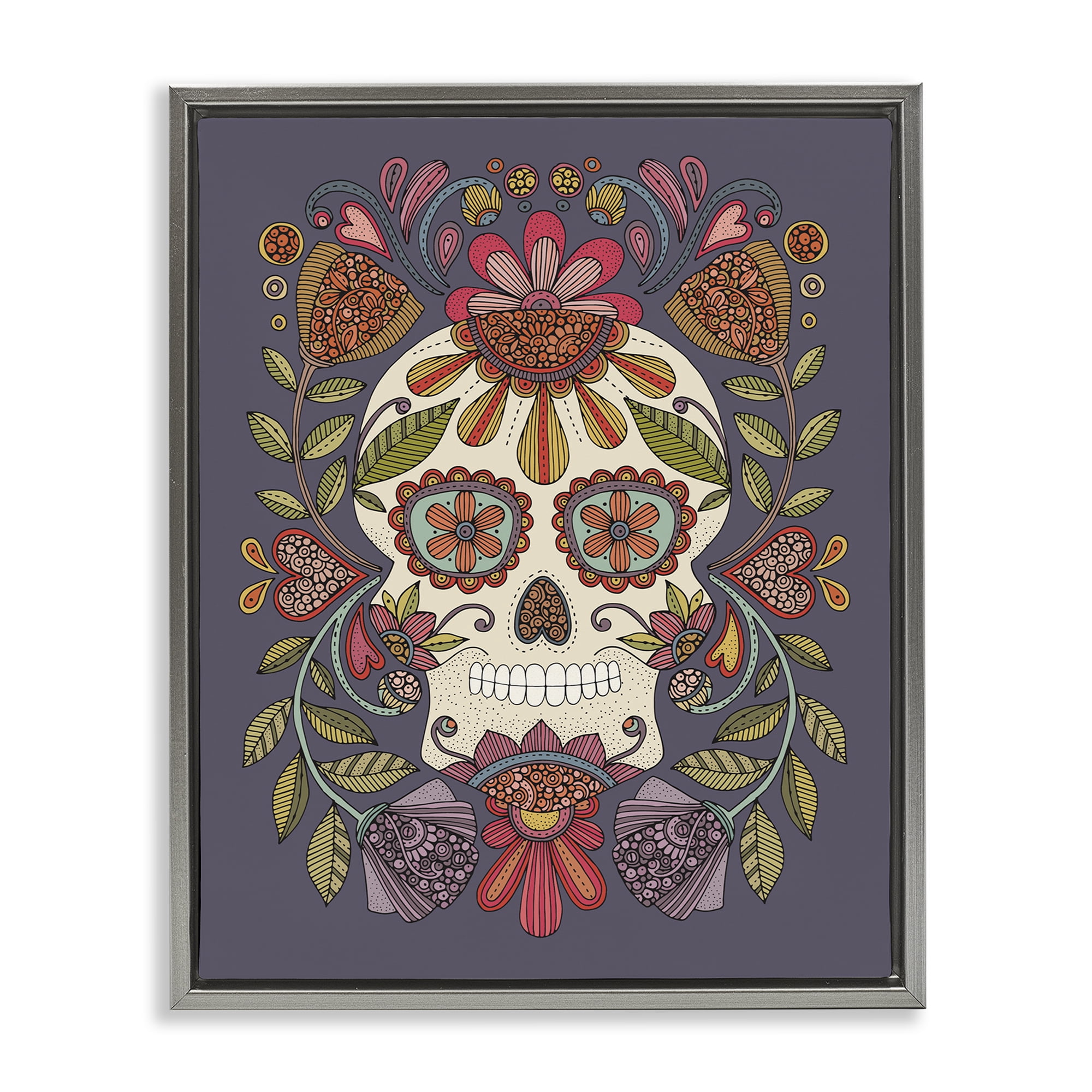 Stupell Industries Patterned Sugar Skull Holiday Painting Gray Floater Framed Art Print Wall Art, 17 x 21
