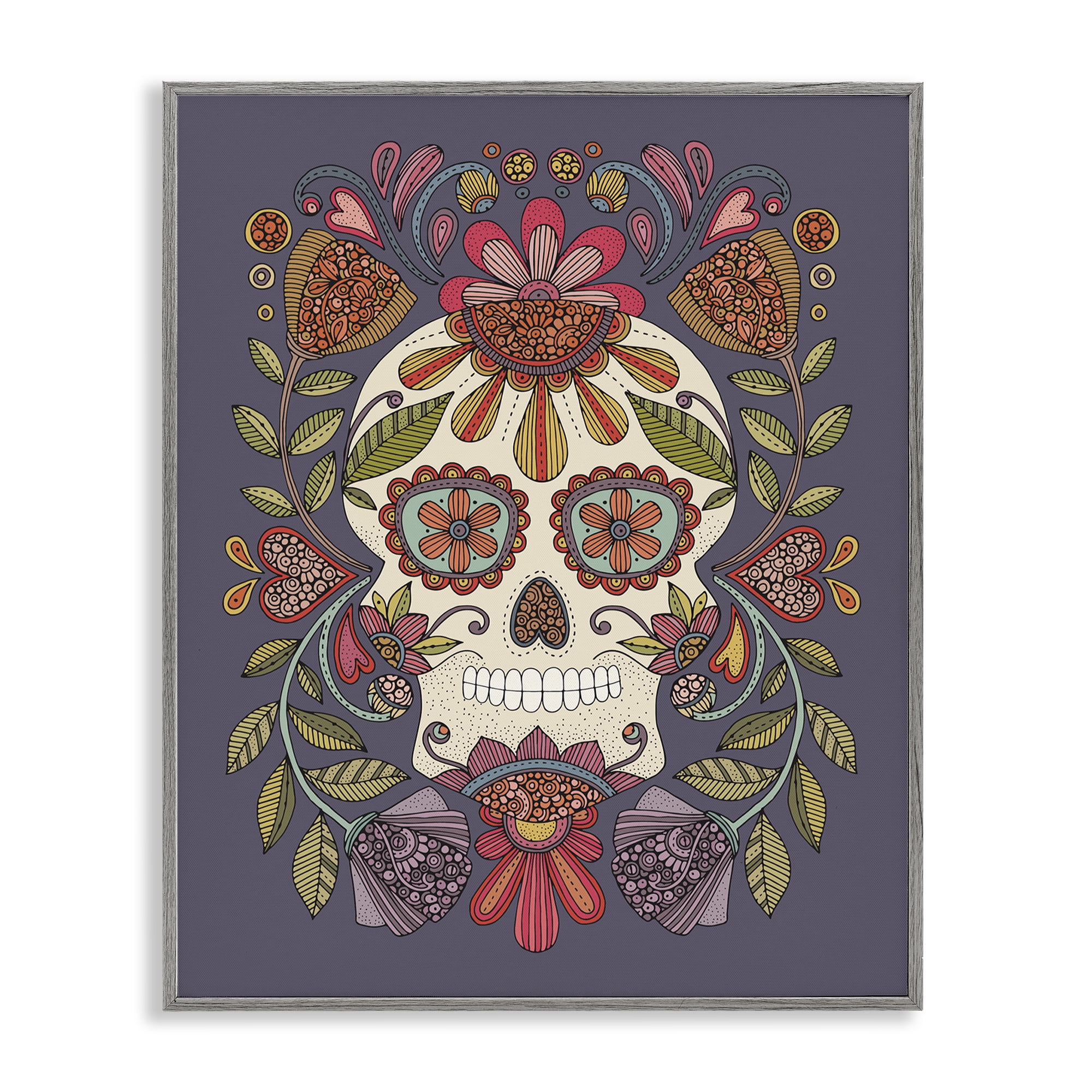 Gray Framed Sugar Skull Floral Print, 24 x 30