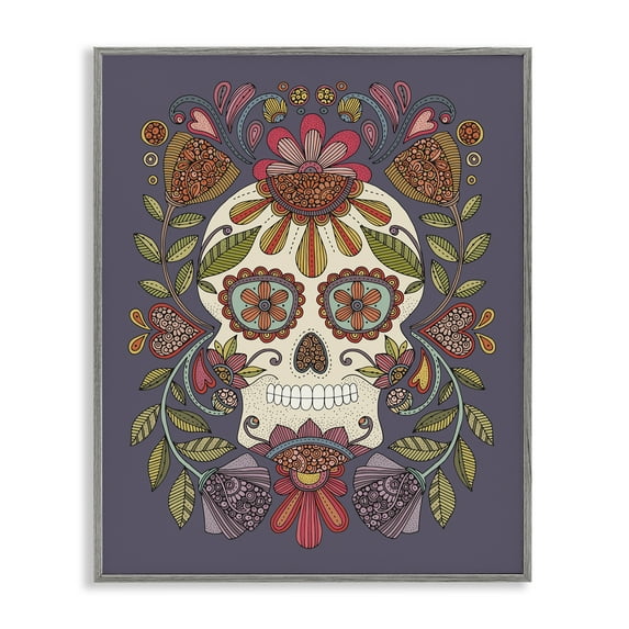 Stupell Industries Patterned Sugar Skull Holiday Painting Gray Framed Art Print Wall Art, 24 x 30