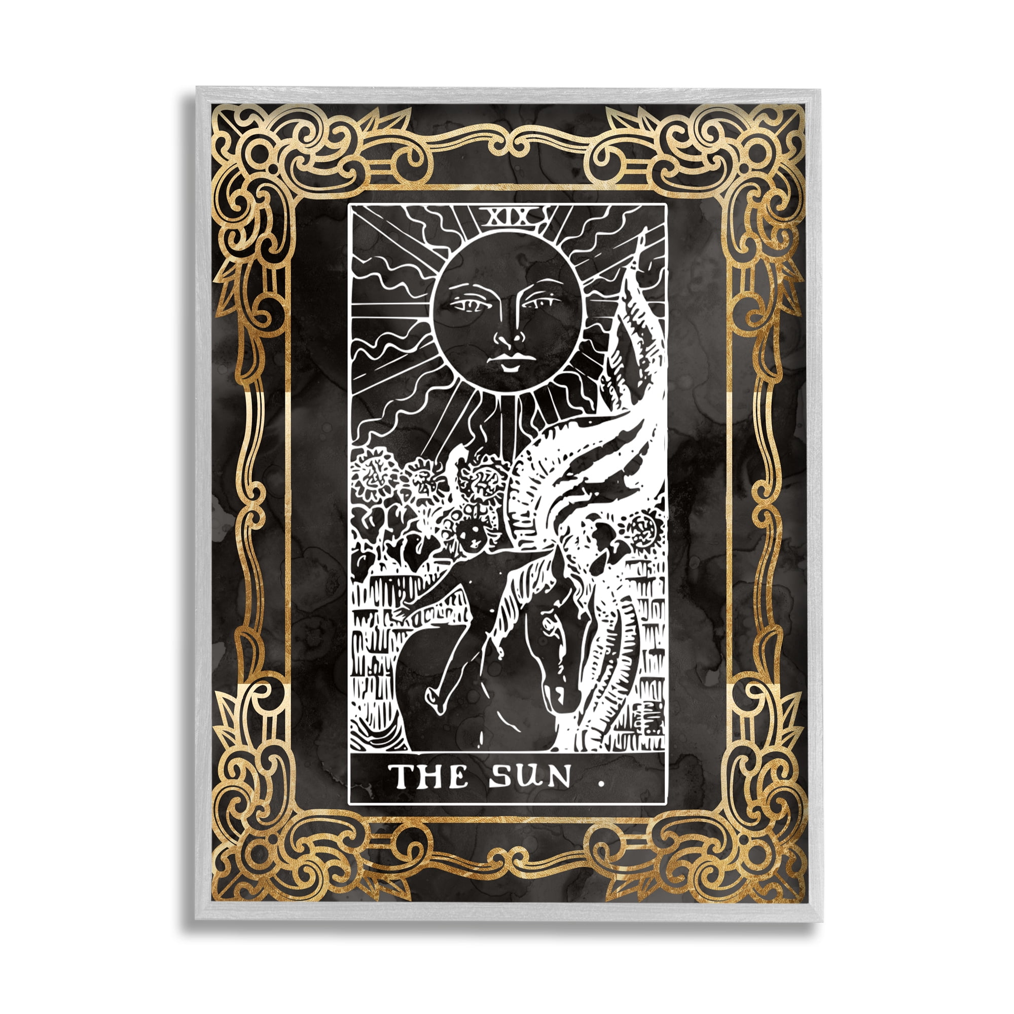 Stupell Industries Patterned Sun Tarot Landscape Painting Gray Framed Art Print Wall Art, 11 x 14