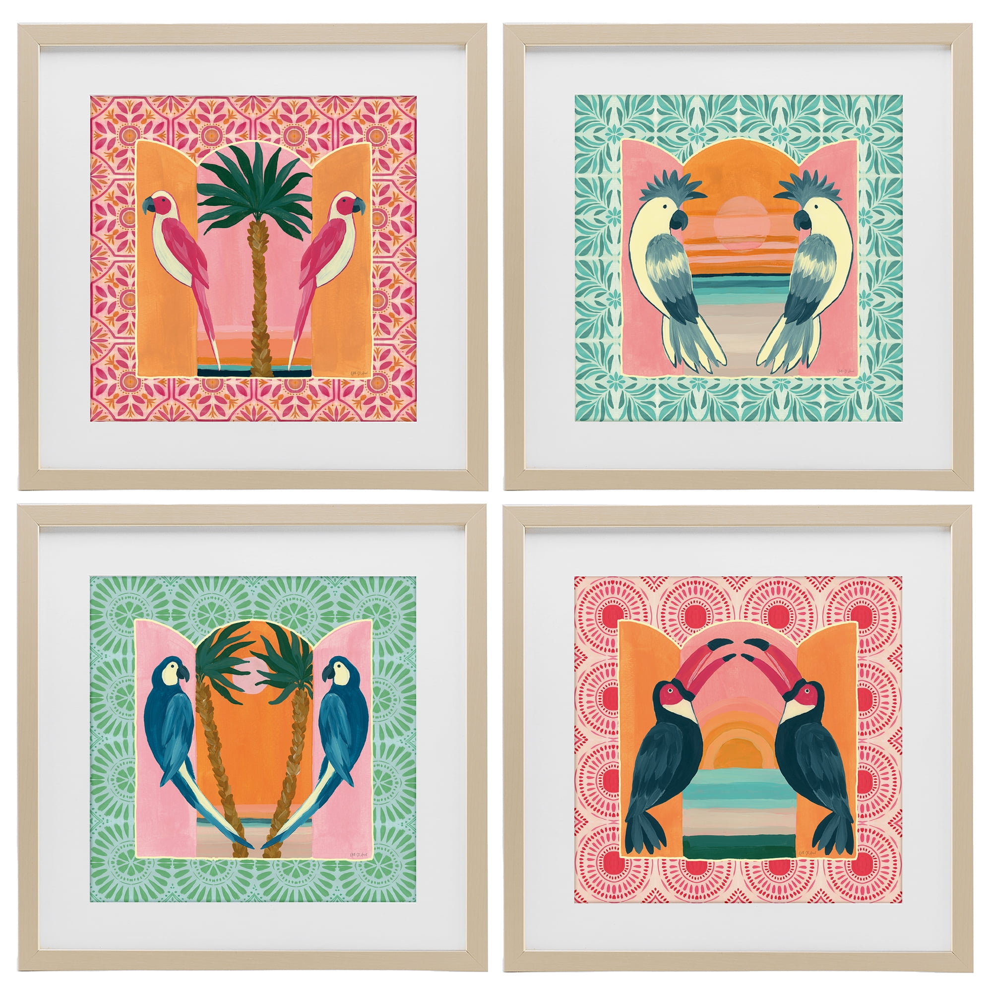 Stupell Industries Patterned Twin Bird Symmetry 4 Piece Birch Framed Print Under Glass Set, design by Yvette St. Amant