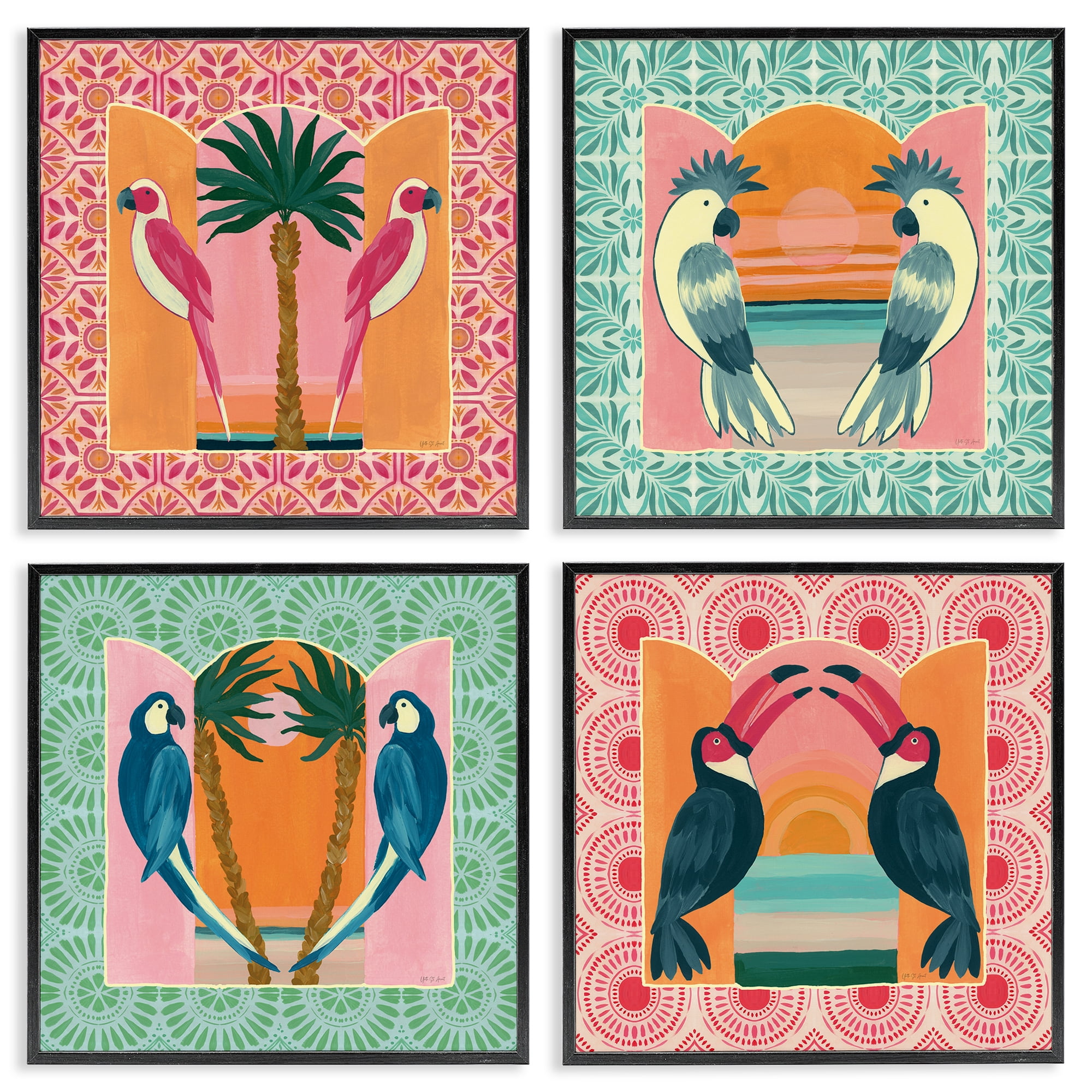 Stupell Industries Patterned Twin Bird Symmetry 4 Piece Black Framed Giclee Art Set, design by Yvette St. Amant