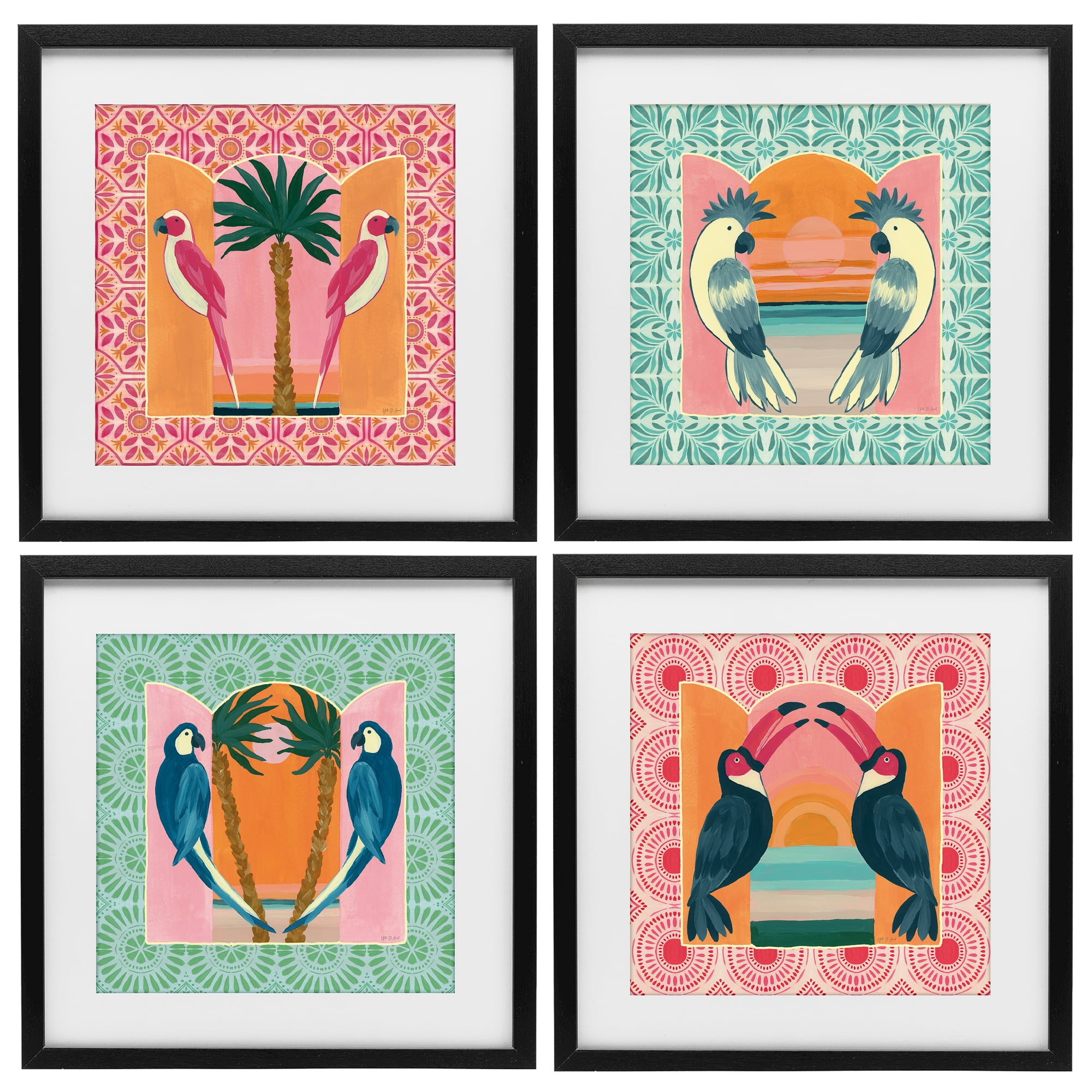 Stupell Industries Patterned Twin Bird Symmetry 4 Piece Black Framed Print Under Glass Set, design by Yvette St. Amant