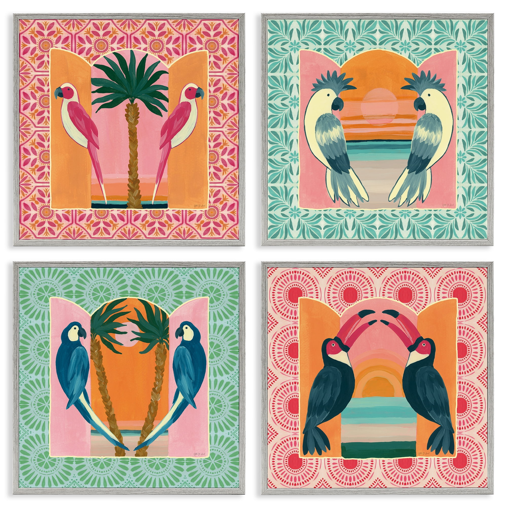 Stupell Industries Patterned Twin Bird Symmetry 4 Piece Gray Framed Giclee Art Set, design by Yvette St. Amant