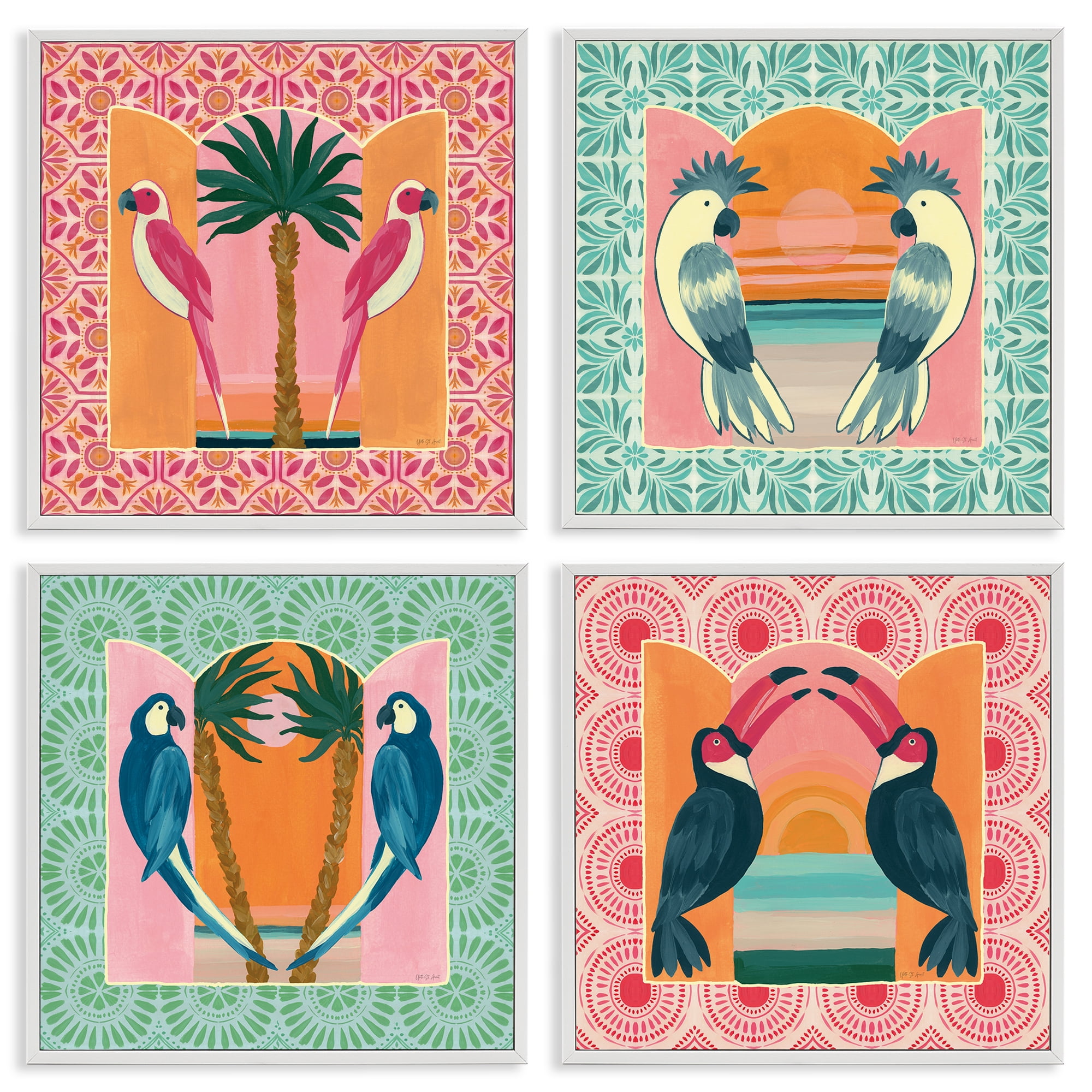 Stupell Industries Patterned Twin Bird Symmetry 4 Piece White Framed Giclee Art Set, design by Yvette St. Amant