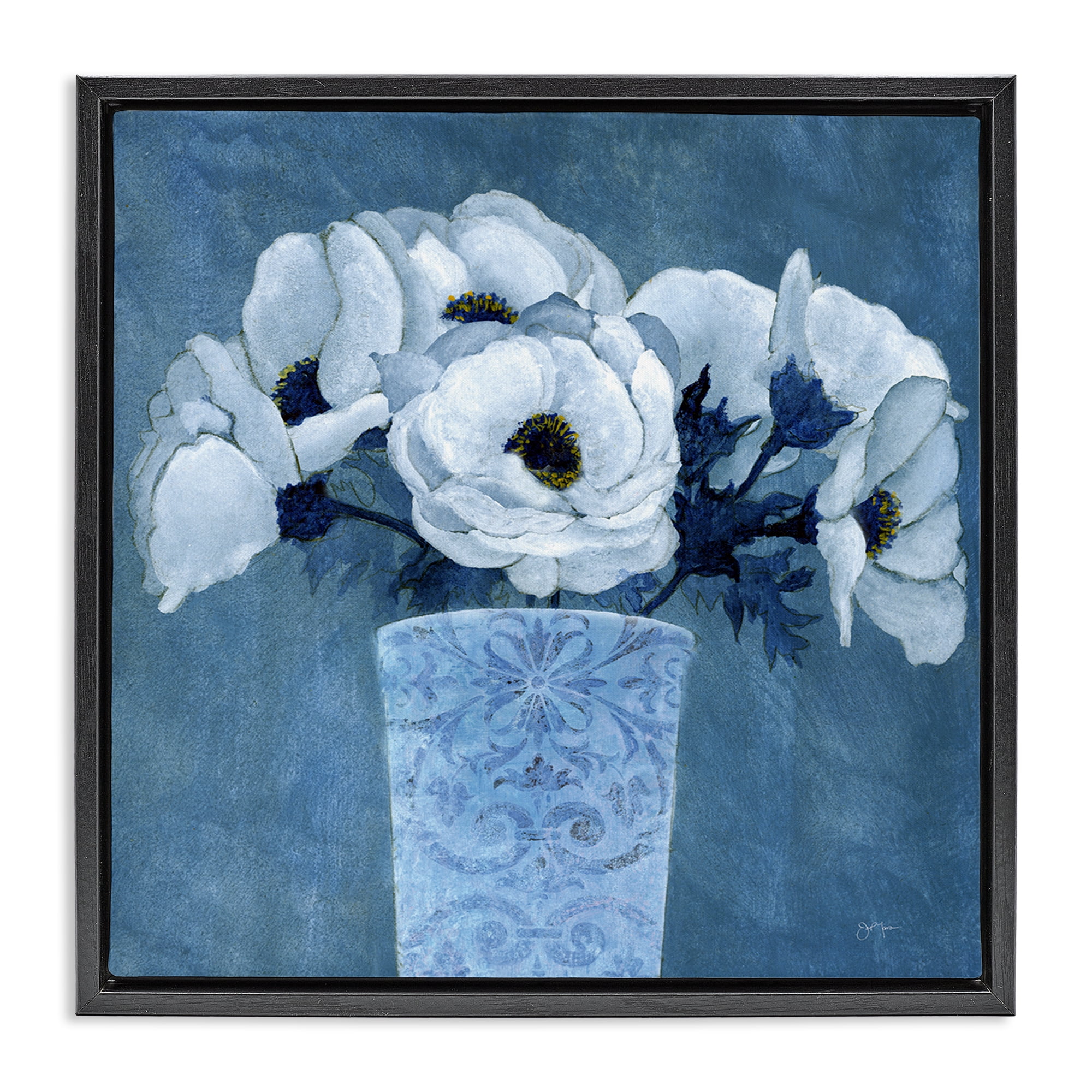 Stupell Industries Patterned Vase Flowers Plants & Flowers Painting Black Floater Framed Canvas Art Print Wall Art, 25 x 25