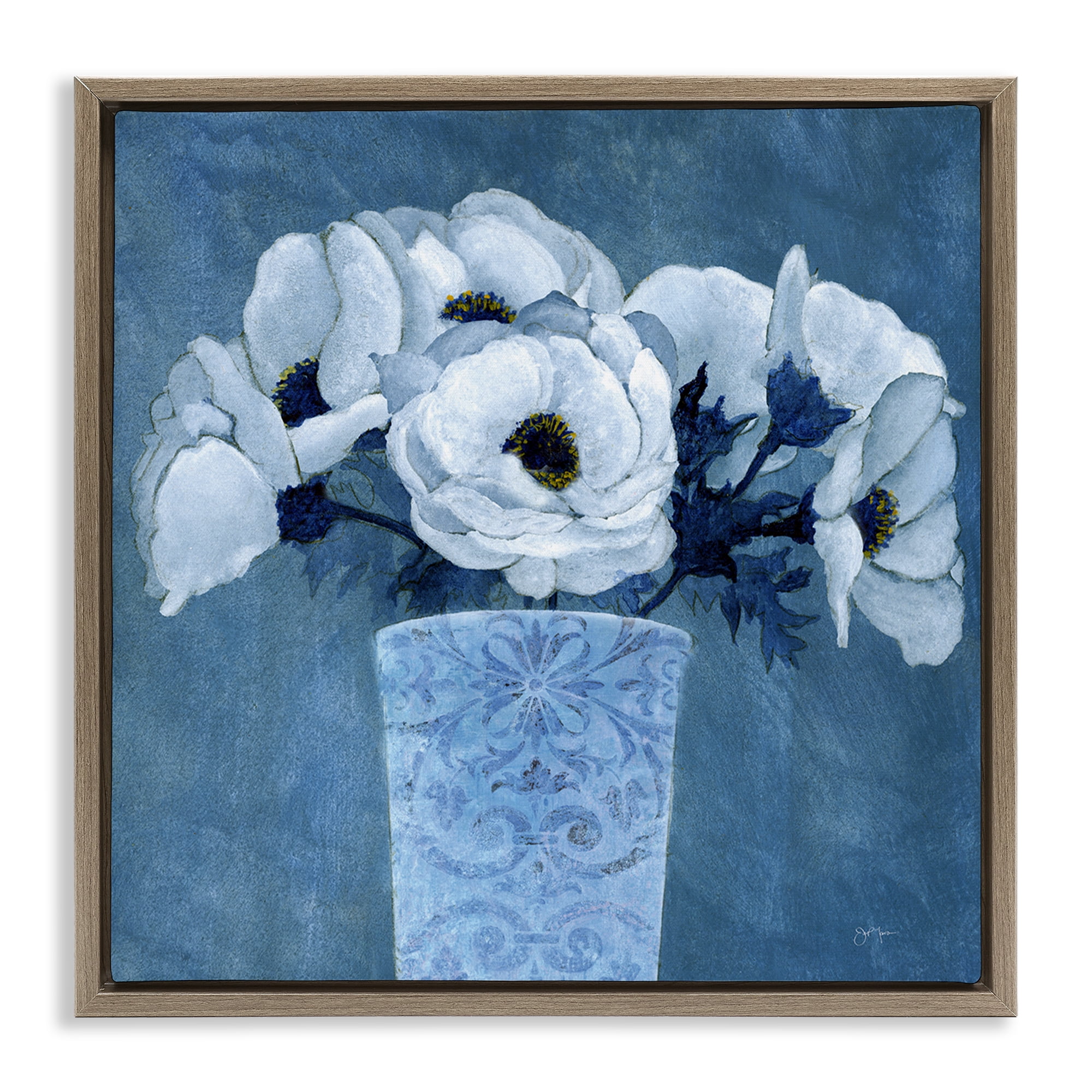 Stupell Industries Patterned Vase Flowers Plants & Flowers Painting Brown Floater Framed Canvas Art Print Wall Art, 18 x 18
