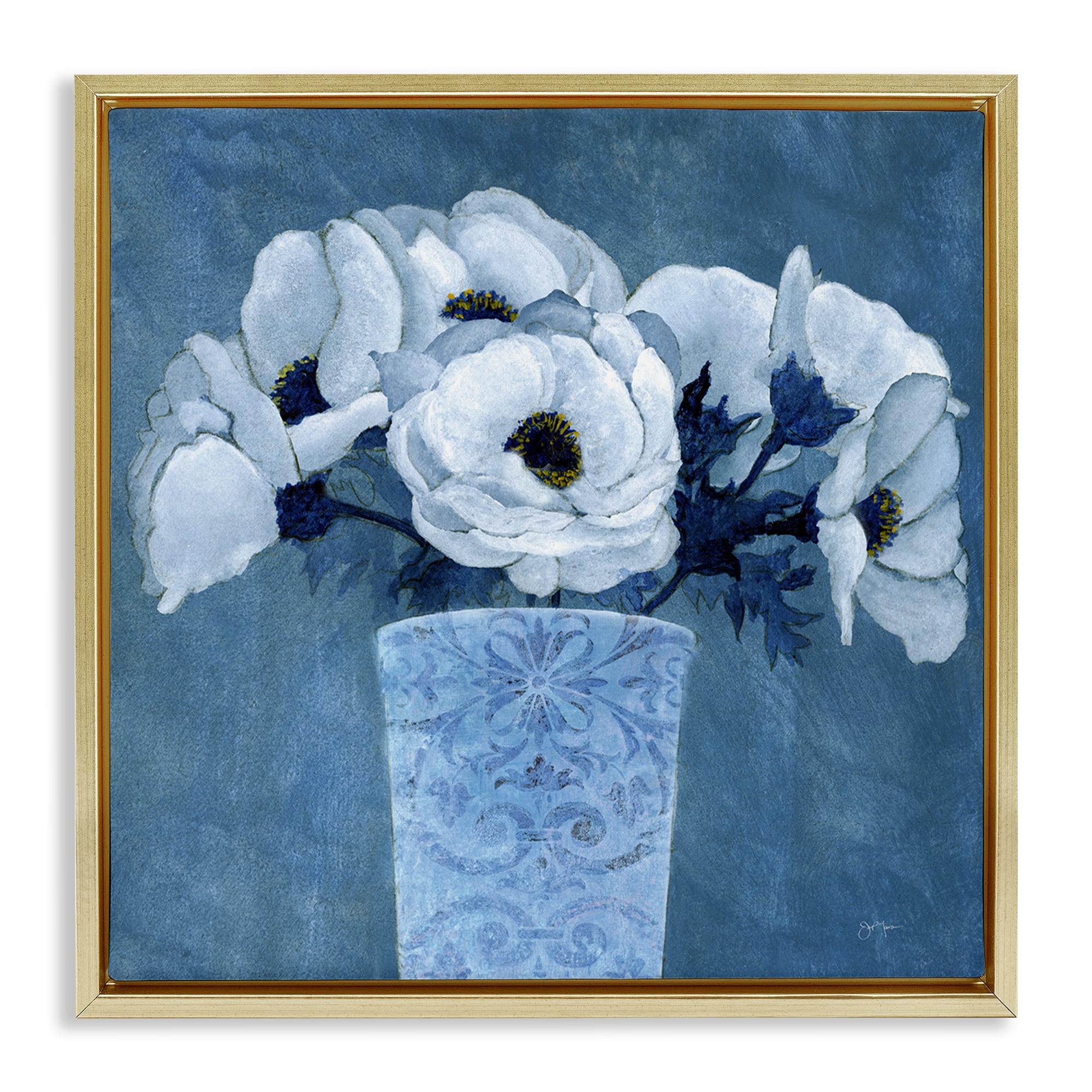 Stupell Industries Patterned Vase Flowers Plants & Flowers Painting Gold Floater Framed Canvas Art Print Wall Art, 18 x 18