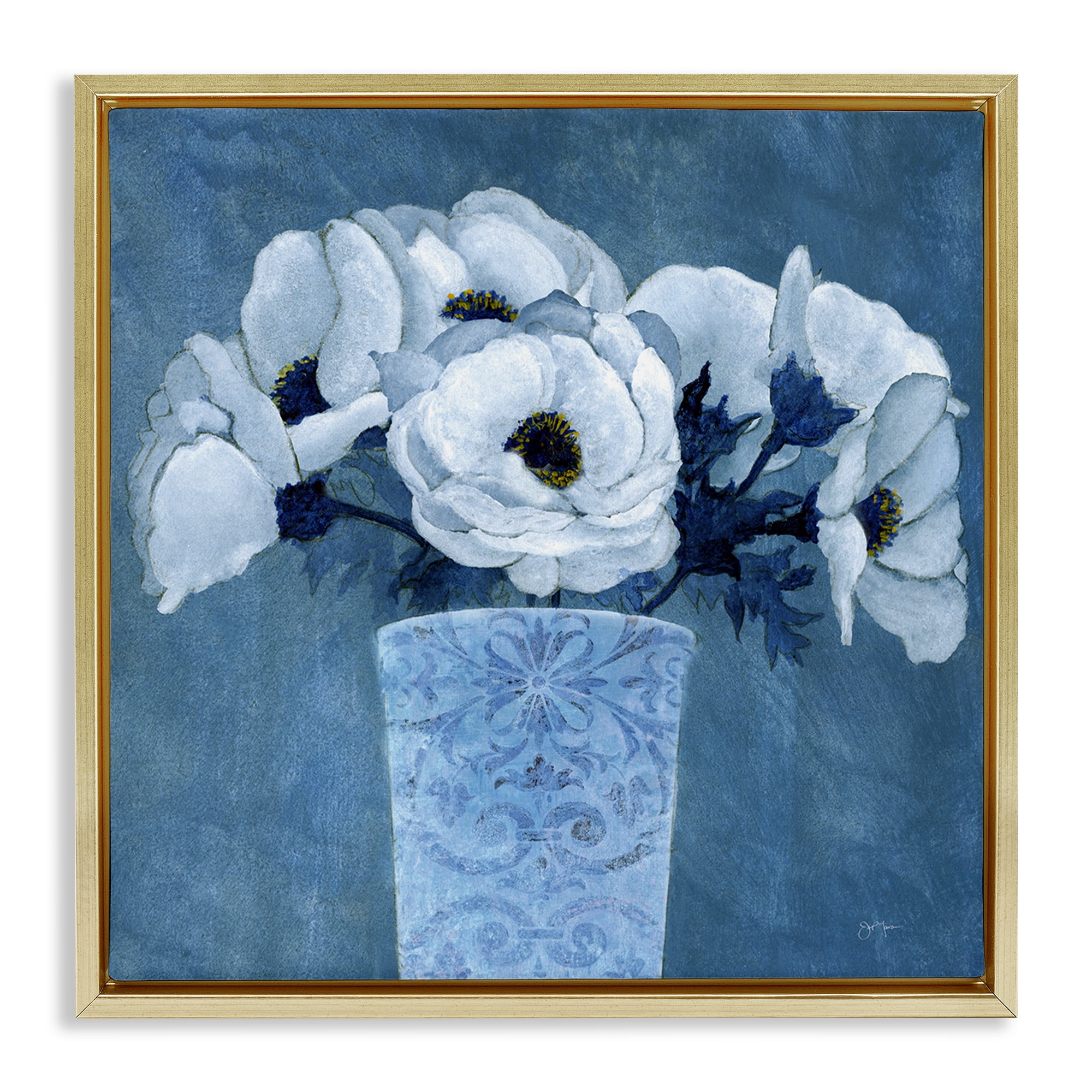 Stupell Industries Patterned Vase Flowers Plants & Flowers Painting Gold Floater Framed Canvas Art Print Wall Art, 25 x 25