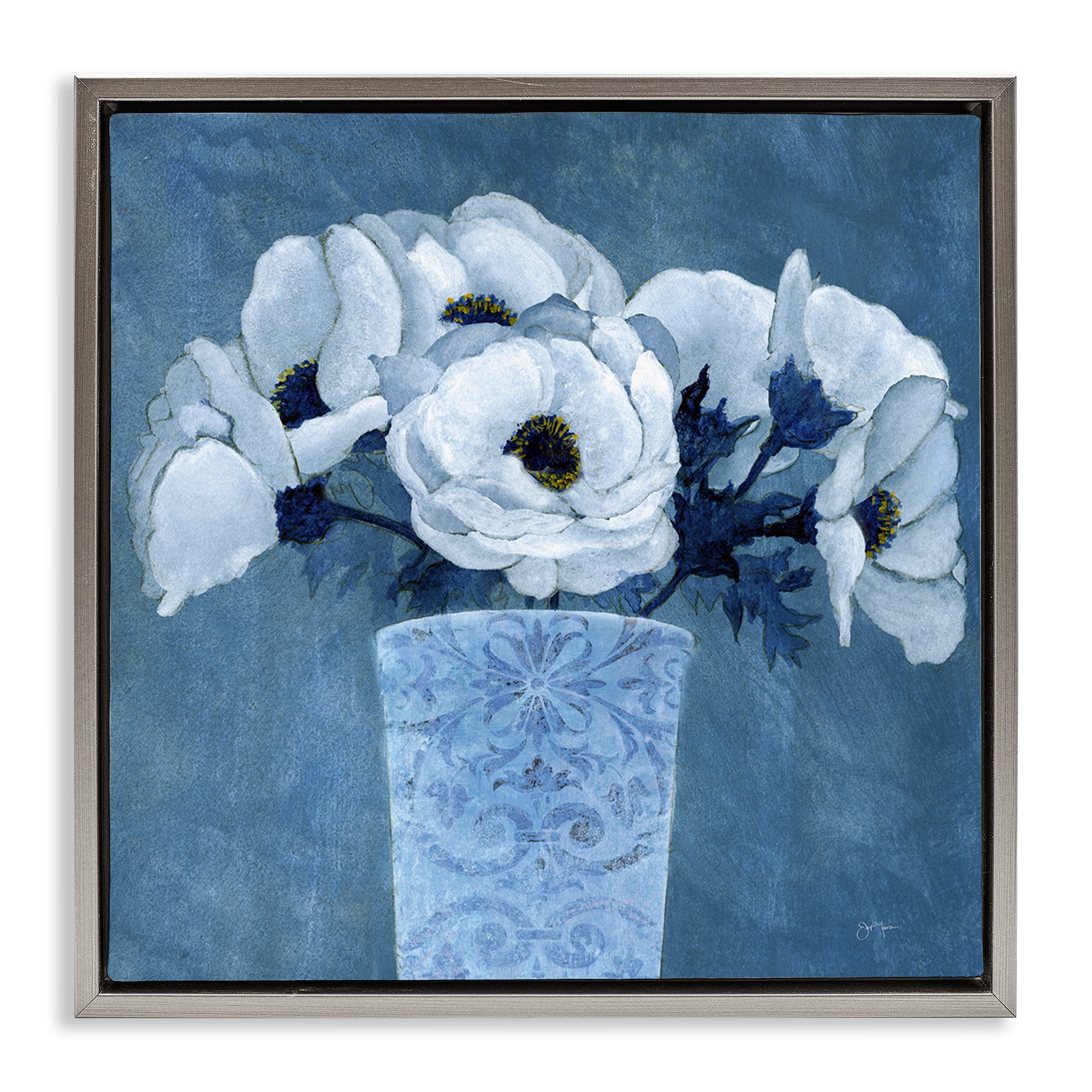 Stupell Industries Patterned Vase Flowers Plants & Flowers Painting Gray Floater Framed Canvas Art Print Wall Art, 18 x 18