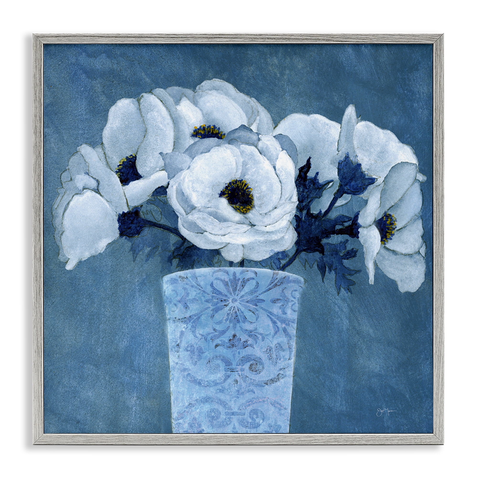 Stupell Industries Patterned Vase Flowers Plants & Flowers Painting Gray Framed Art Print Wall Art, 17 x 17