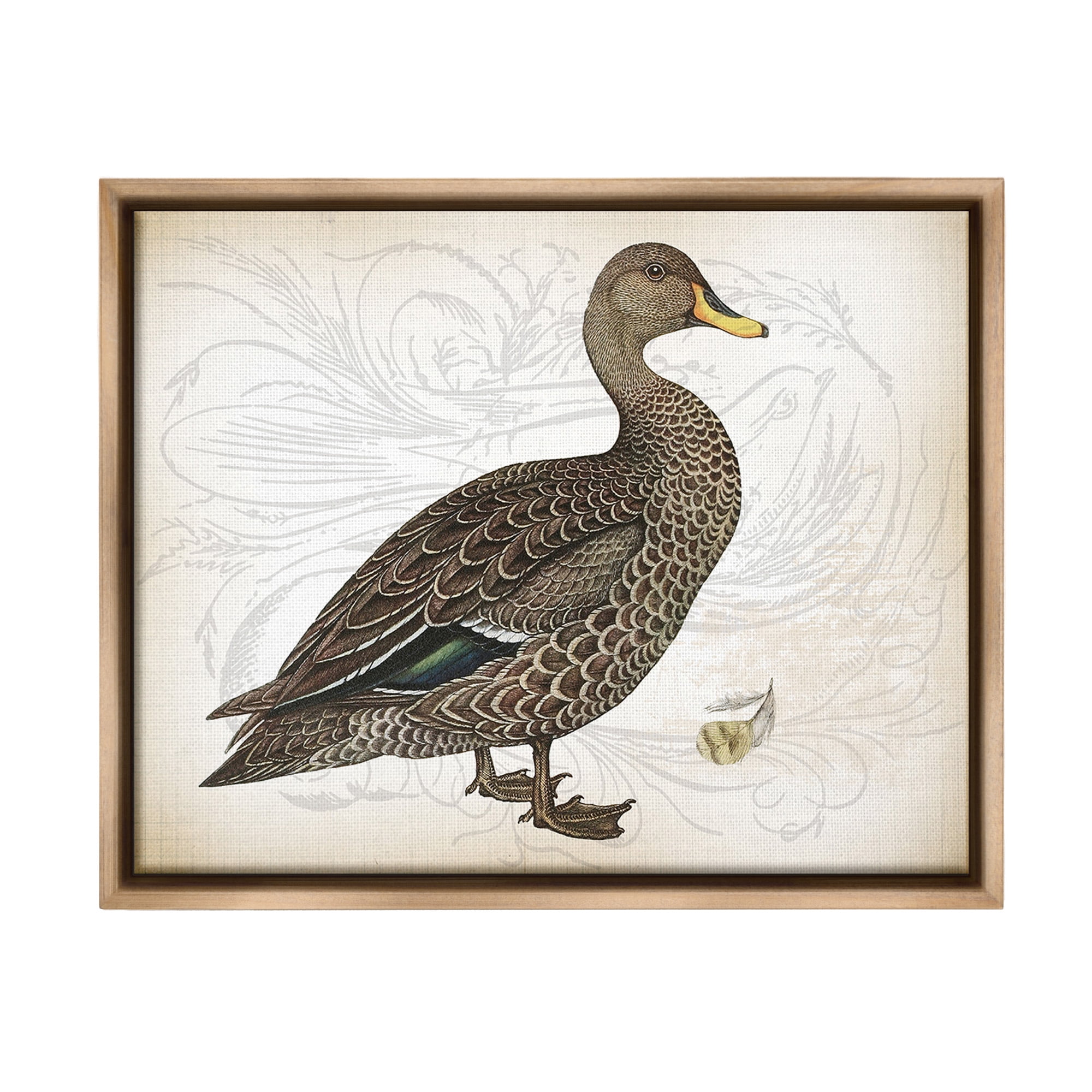 Stupell Industries Patterned Vintage Duck Animals & Insects Painting Brown Floater Framed Canvas Art Print Wall Art, 31 x 25