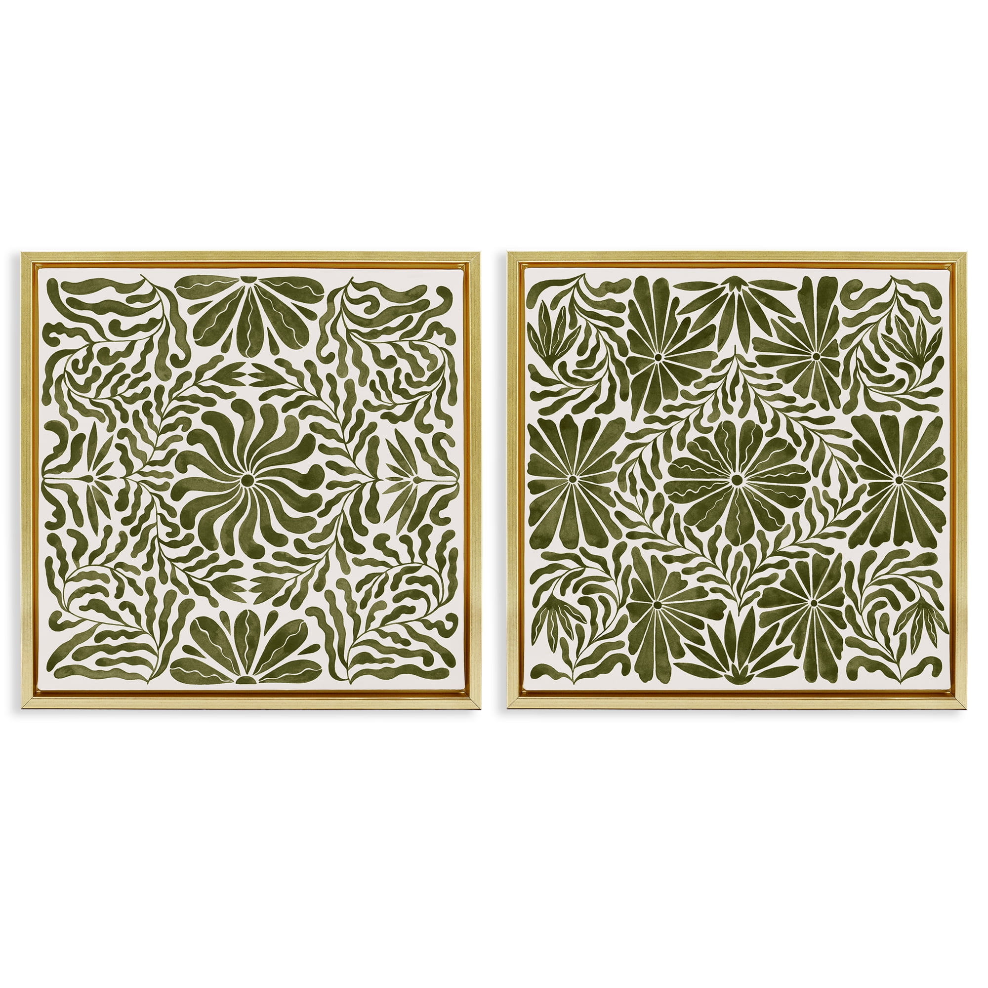 Stupell Industries Patterned Wavy Flowers Plants & Flowers Painting Gold Floater Framed Canvas Art Print Wall Art, 25 x 25, Set of 2