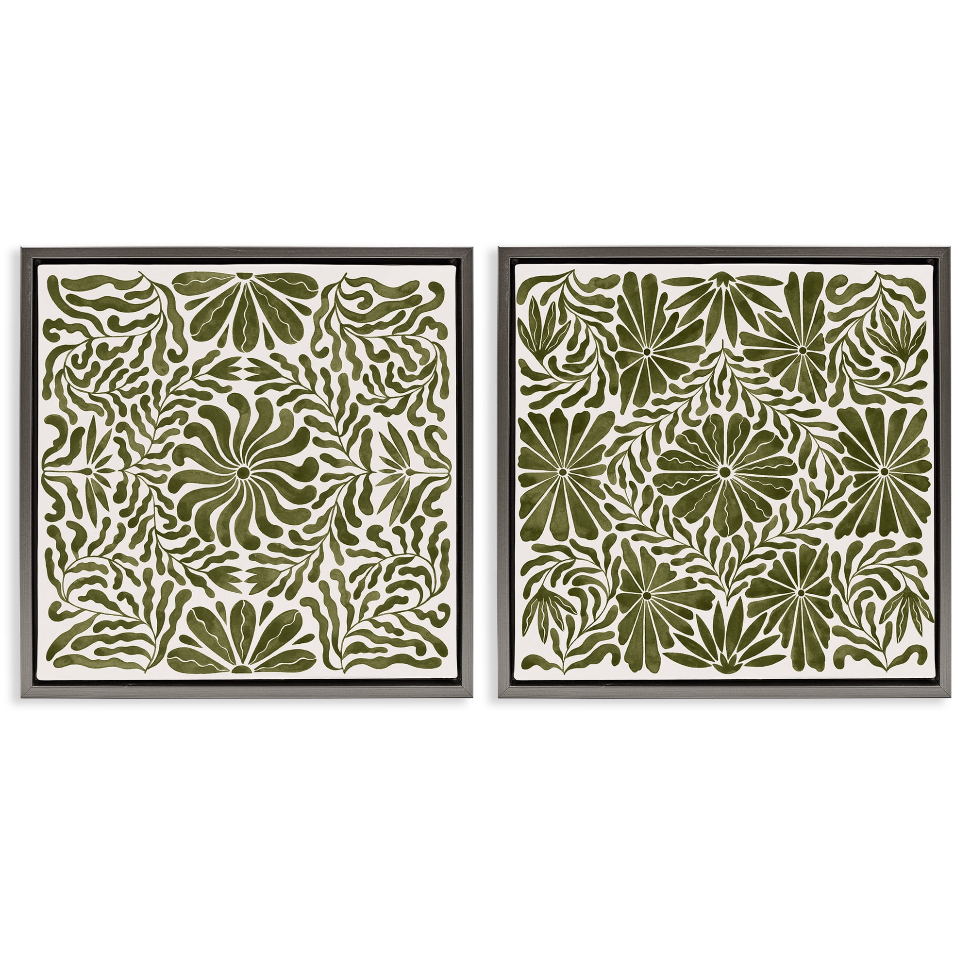 Stupell Industries Patterned Wavy Flowers Plants & Flowers Painting Gray Floater Framed Canvas Art Print Wall Art, 25 x 25, Set of 2