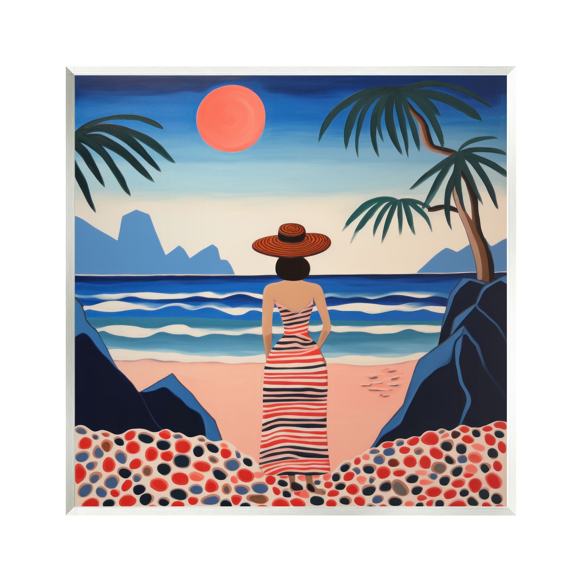 Stupell Industries Patterned Woman on Beach Landscape Painting Unframed Art Print Wall Art, 12 x 12