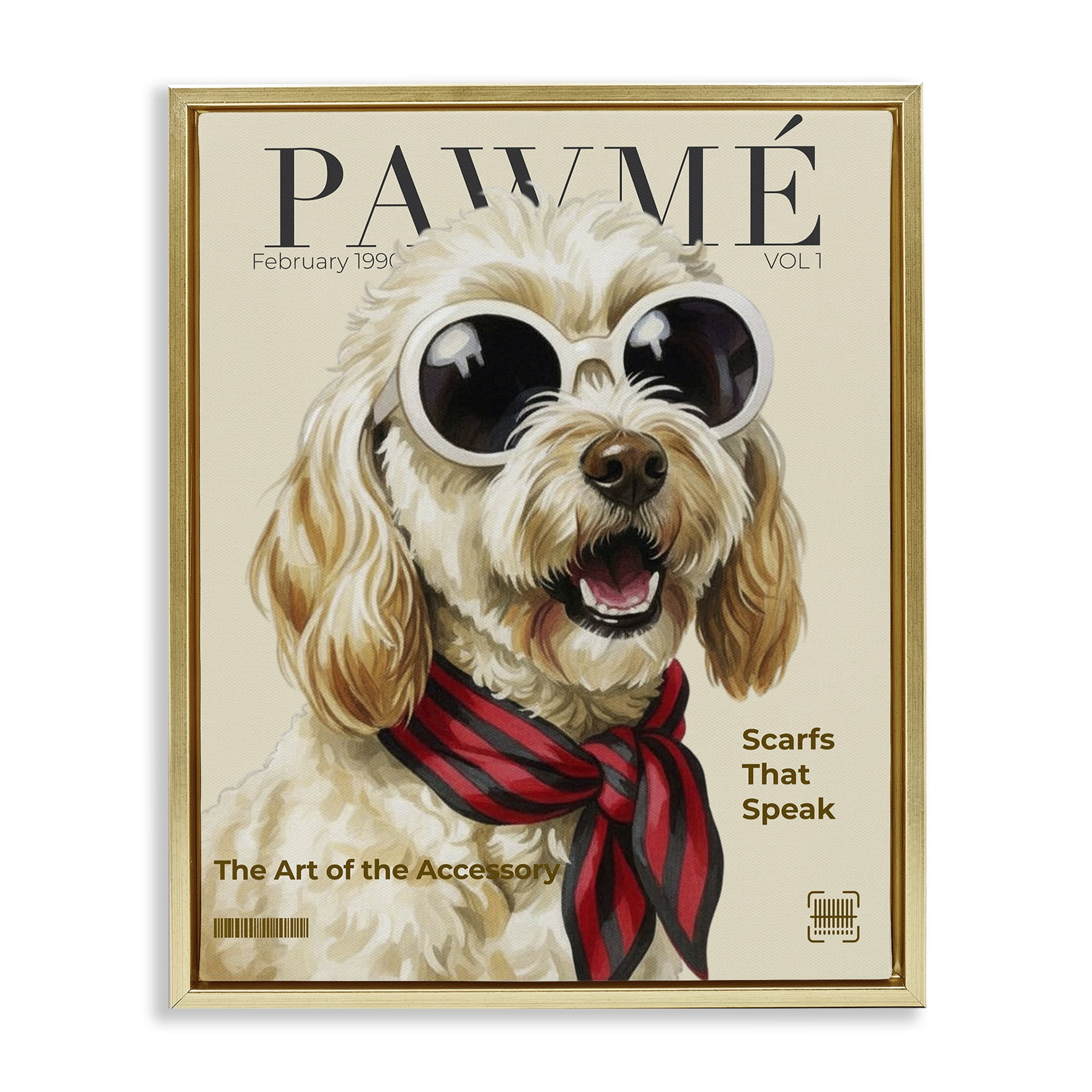 Stupell Industries Pawme Dog Fashion Magazine Gold Framed Floater Canvas Wall Art, design by A Barefoot Stylist