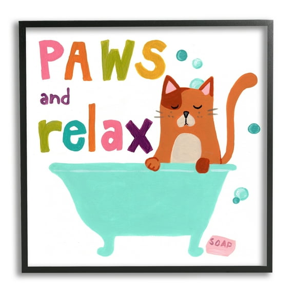Stupell Industries Paws & Relax Cat Bathtub Bathroom Restful Phrase Graphic Art Black Framed Art Print Wall Art, Design by June Erica Vess