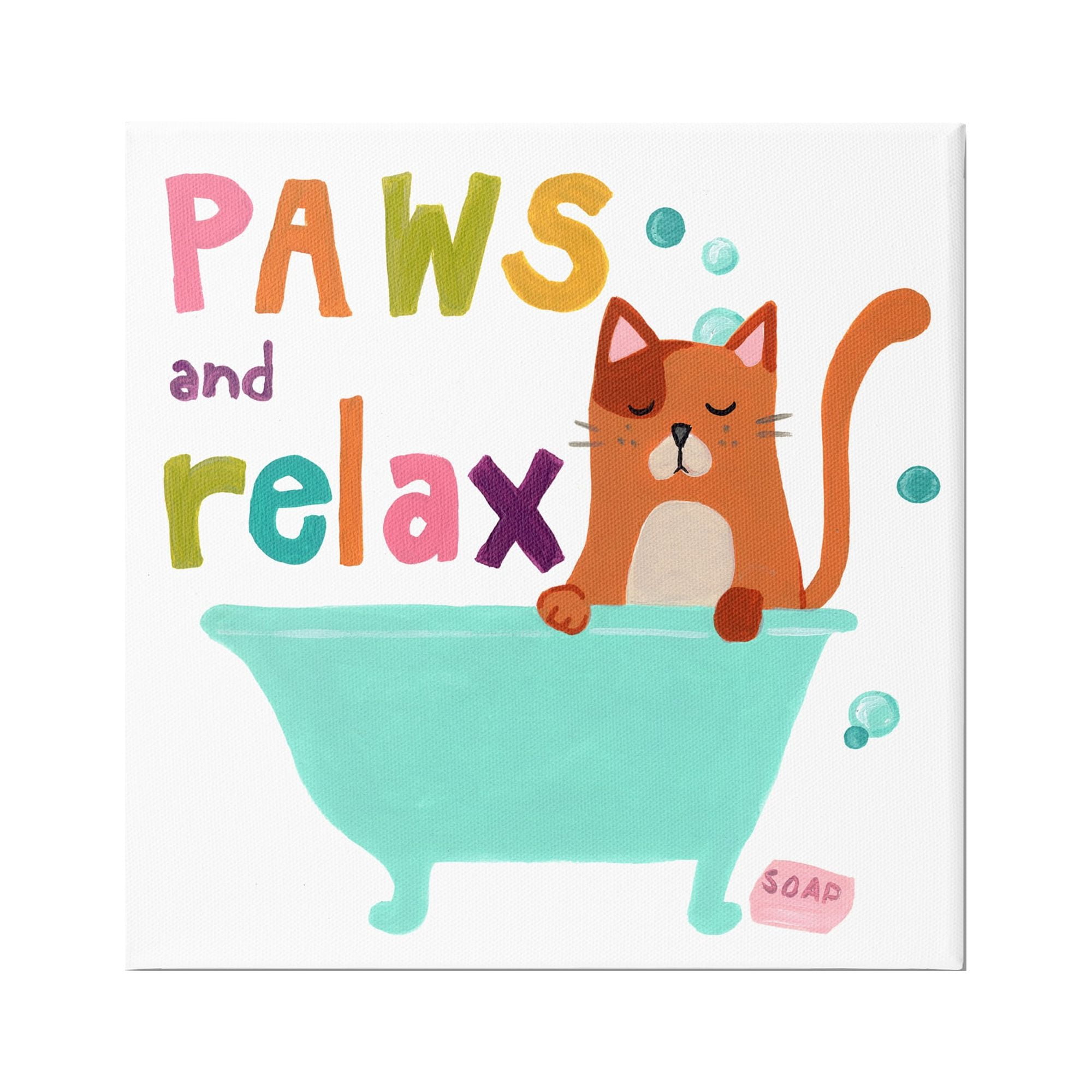 Stupell Industries Paws & Relax Cat Bathtub Bathroom Restful Phrase Graphic Art Gallery Wrapped Canvas Print Wall Art, Design by June Erica Vess