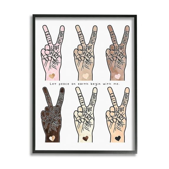 Stupell Industries Peace Begin With Me Phrase Diversity Hand Signs Graphic Art Black Framed Art Print Wall Art, 24x30, by Erica Billups
