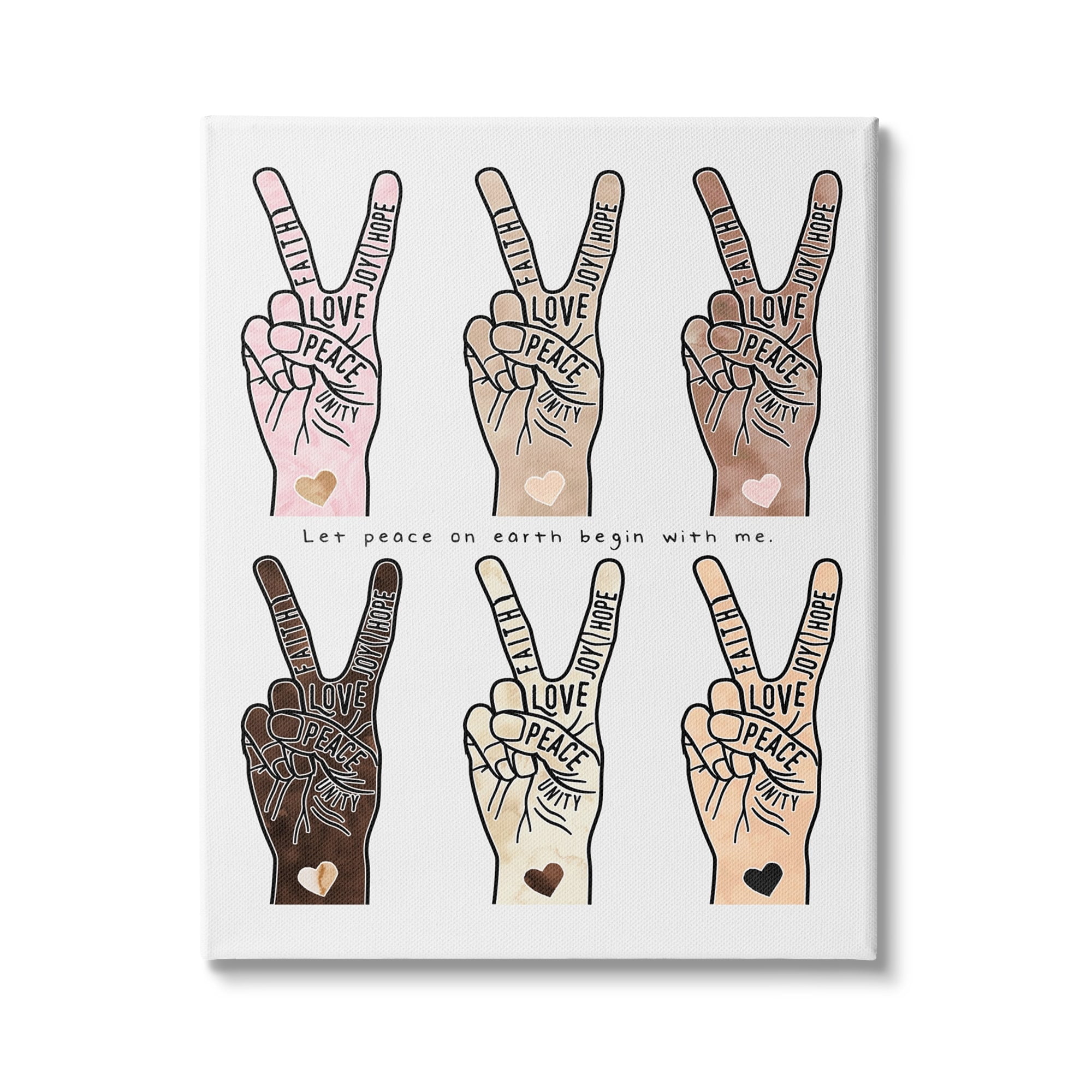 Stupell Industries Peace Begin With Me Phrase Diversity Hand Signs Graphic Art Gallery-Wrapped Canvas Print Wall Art, 24x30, by Erica Billups