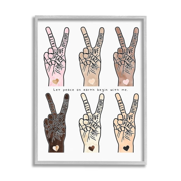Stupell Industries Peace Begin With Me Phrase Diversity Hand Signs Graphic Art Gray Framed Art Print Wall Art, 11x14, by Erica Billups