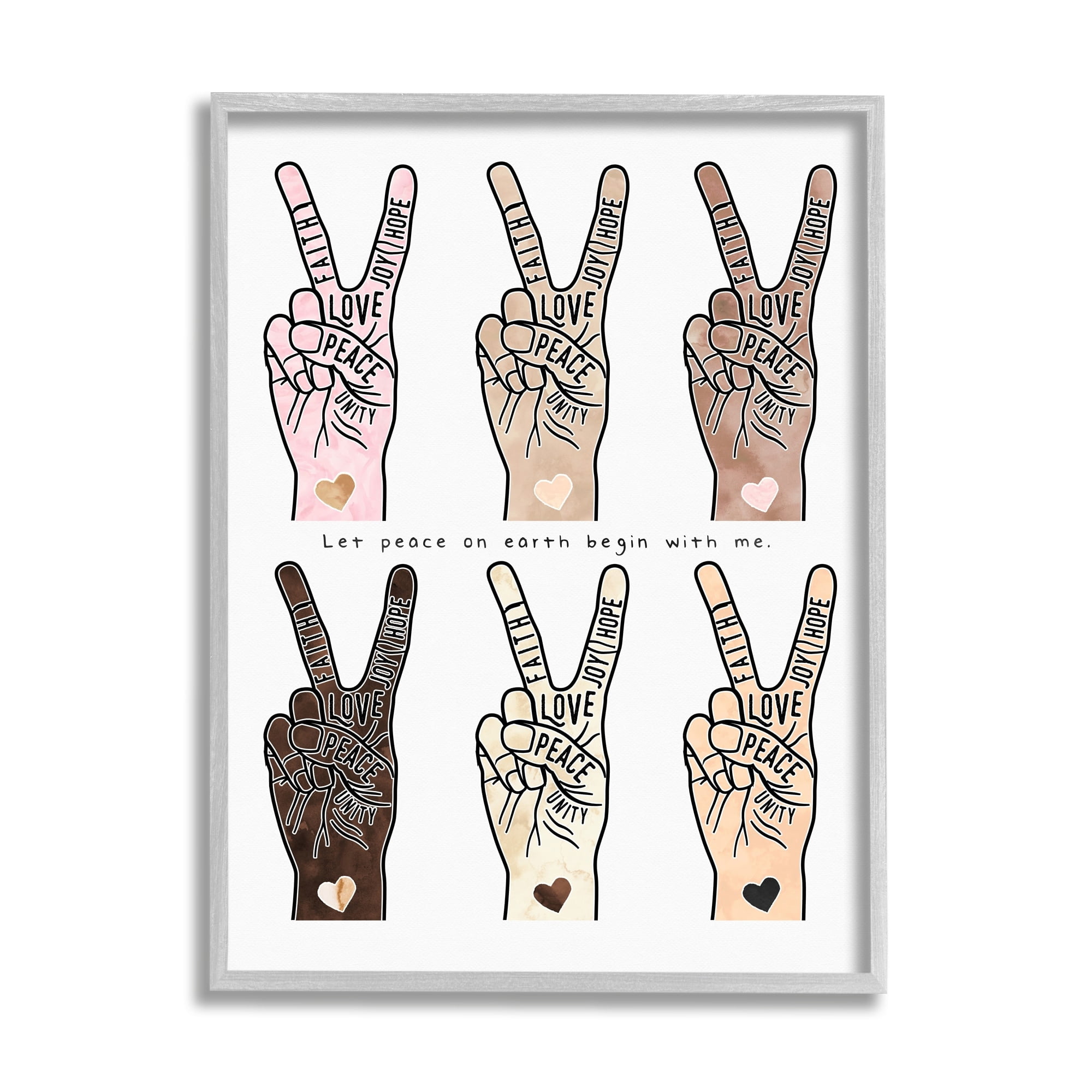 Stupell Industries Peace Begin With Me Phrase Diversity Hand Signs Graphic Art Gray Framed Art Print Wall Art, 16x20, by Erica Billups