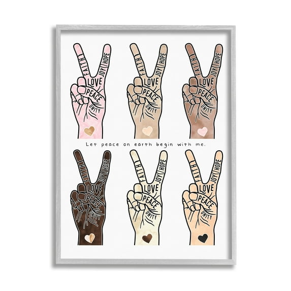 Stupell Industries Peace Begin With Me Phrase Diversity Hand Signs Graphic Art Gray Framed Art Print Wall Art, 24x30, by Erica Billups
