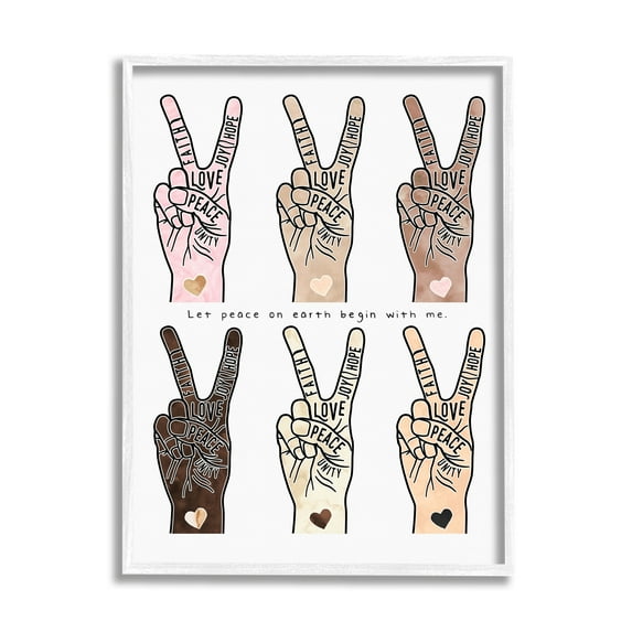 Stupell Industries Peace Begin With Me Phrase Diversity Hand Signs Graphic Art White Framed Art Print Wall Art, 16x20, by Erica Billups