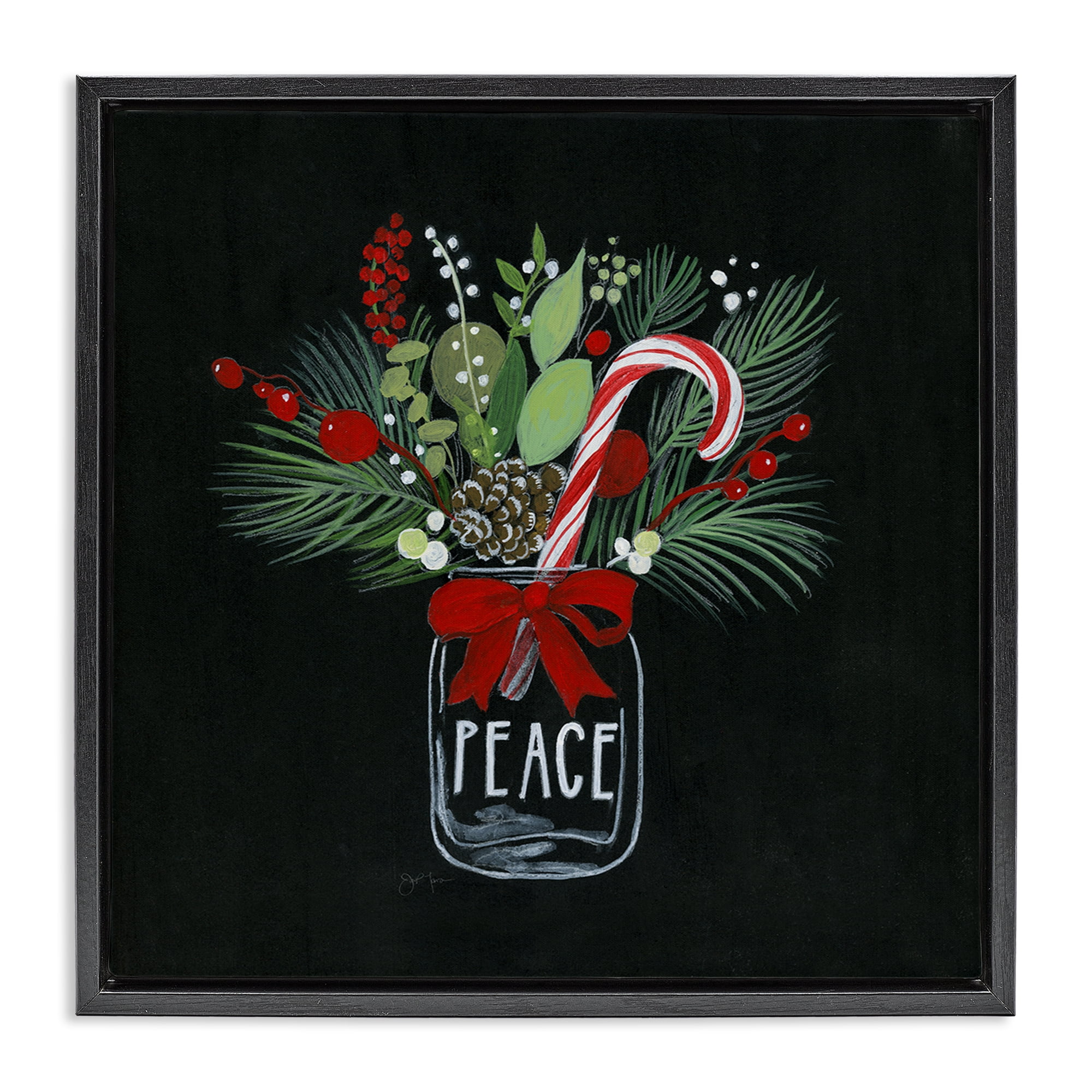 Stupell Industries Peace Candy Cane Jar Holiday Painting Black Floater Framed Canvas Art Prints Wall Art, 18 x 18