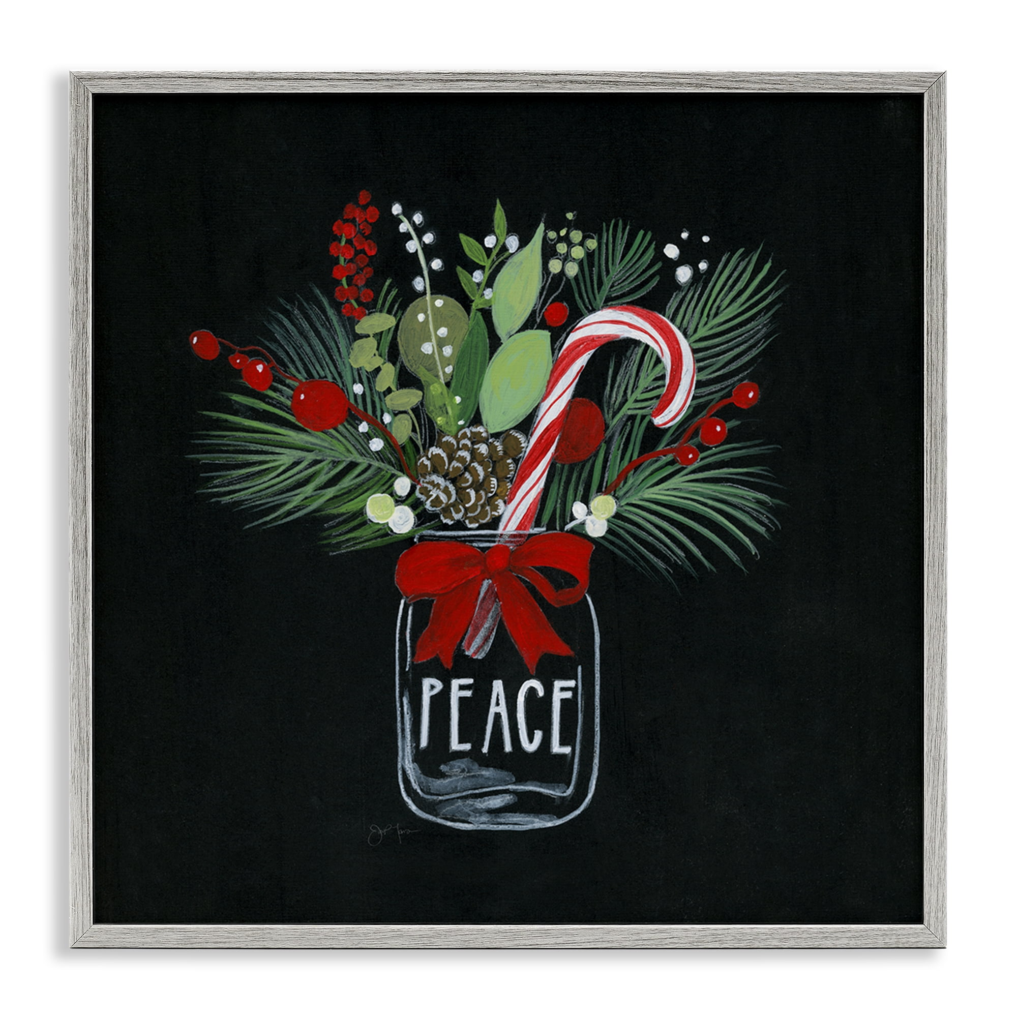 Stupell Industries Peace Candy Cane Jar Holiday Painting Gray Framed Art Prints Wall Art, 17 x 17