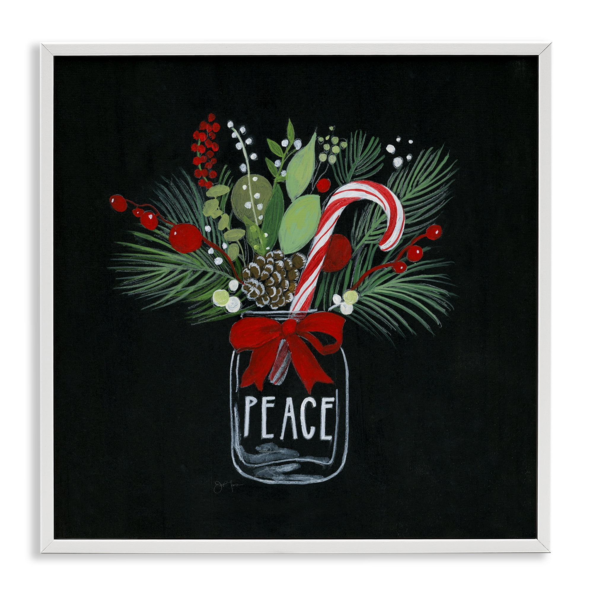 Stupell Industries Peace Candy Cane Jar Holiday Painting White Framed Art Prints Wall Art, 12 x 12