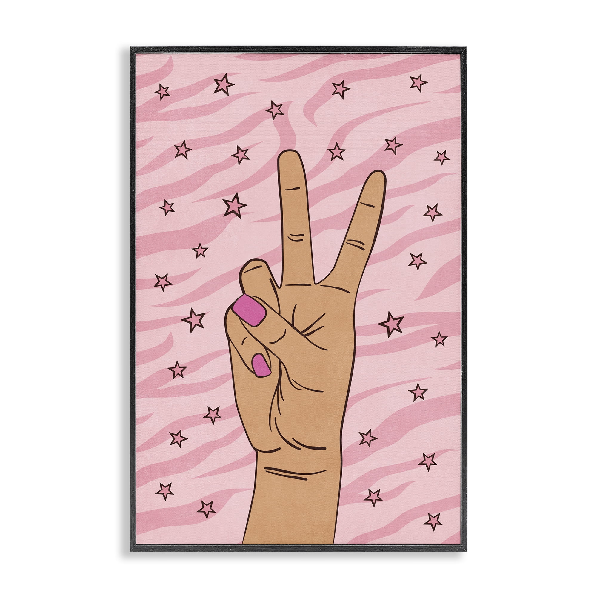 Stupell Industries Peace Hand & Stars Pattern People Painting Black Framed Art Print Wall Art, 16 x 24