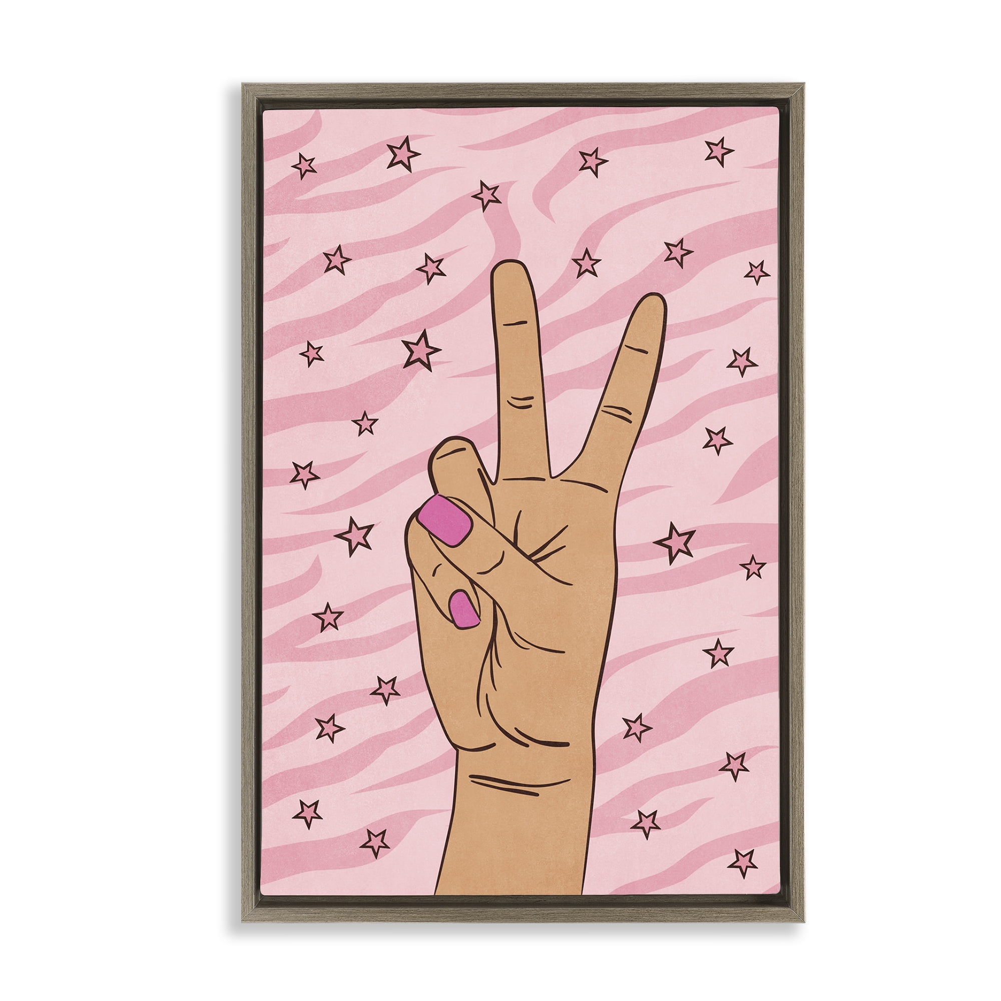 Stupell Industries Peace Hand & Stars Pattern People Painting Brown Floater Framed Canvas Art Print Wall Art, 17 x 25