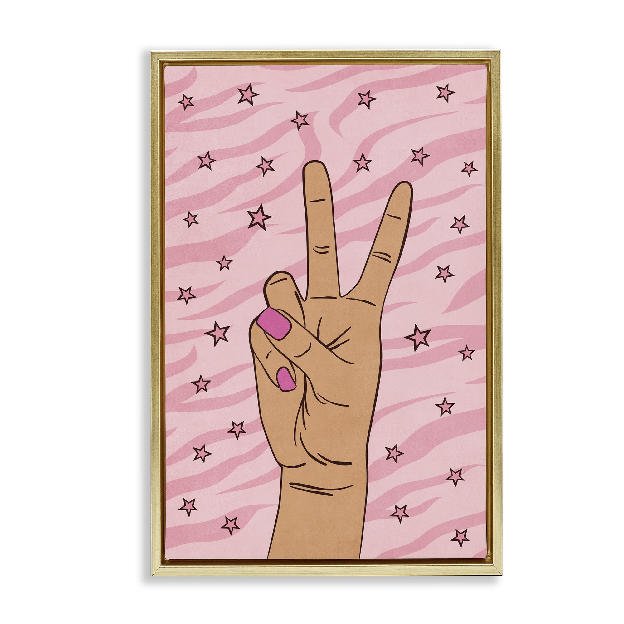 Stupell Industries Peace Hand & Stars Pattern People Painting Gold Floater Framed Canvas Art Print Wall Art, 17 x 25