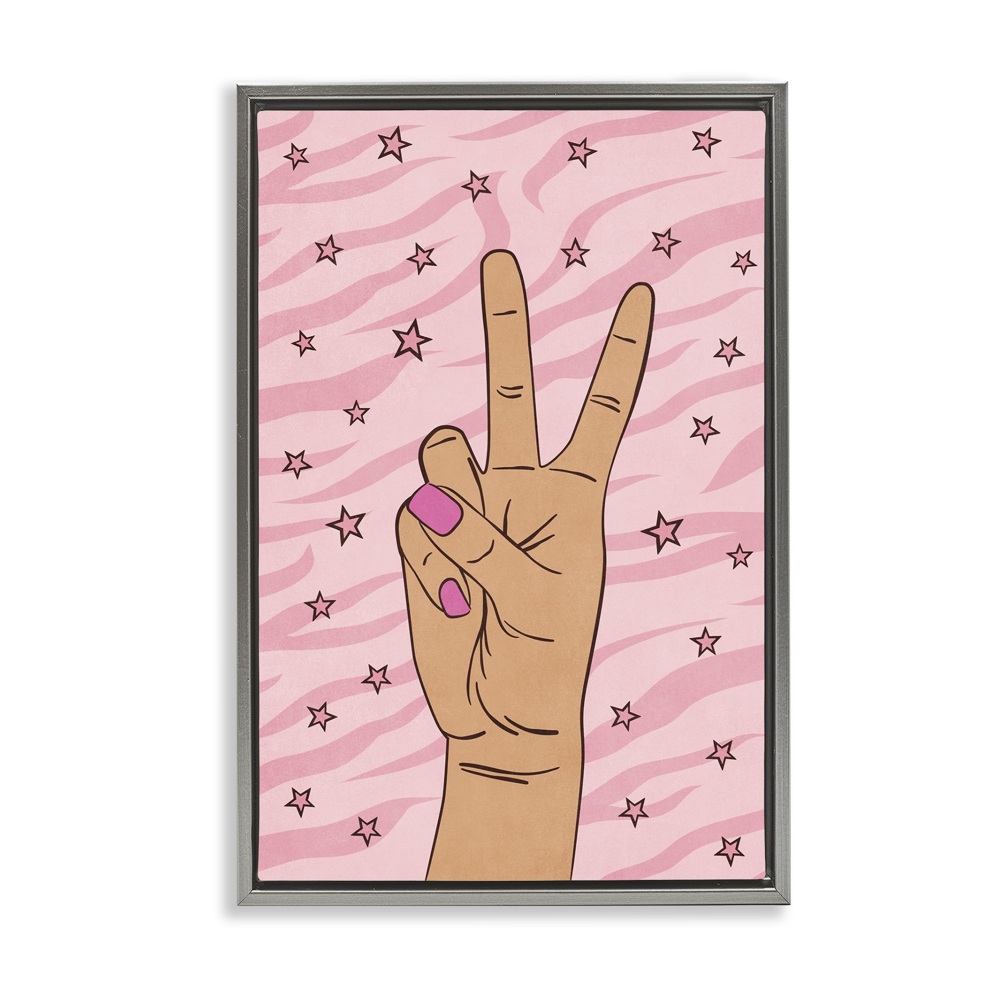 Stupell Industries Peace Hand & Stars Pattern People Painting Gray Floater Framed Canvas Art Print Wall Art, 21 x 31