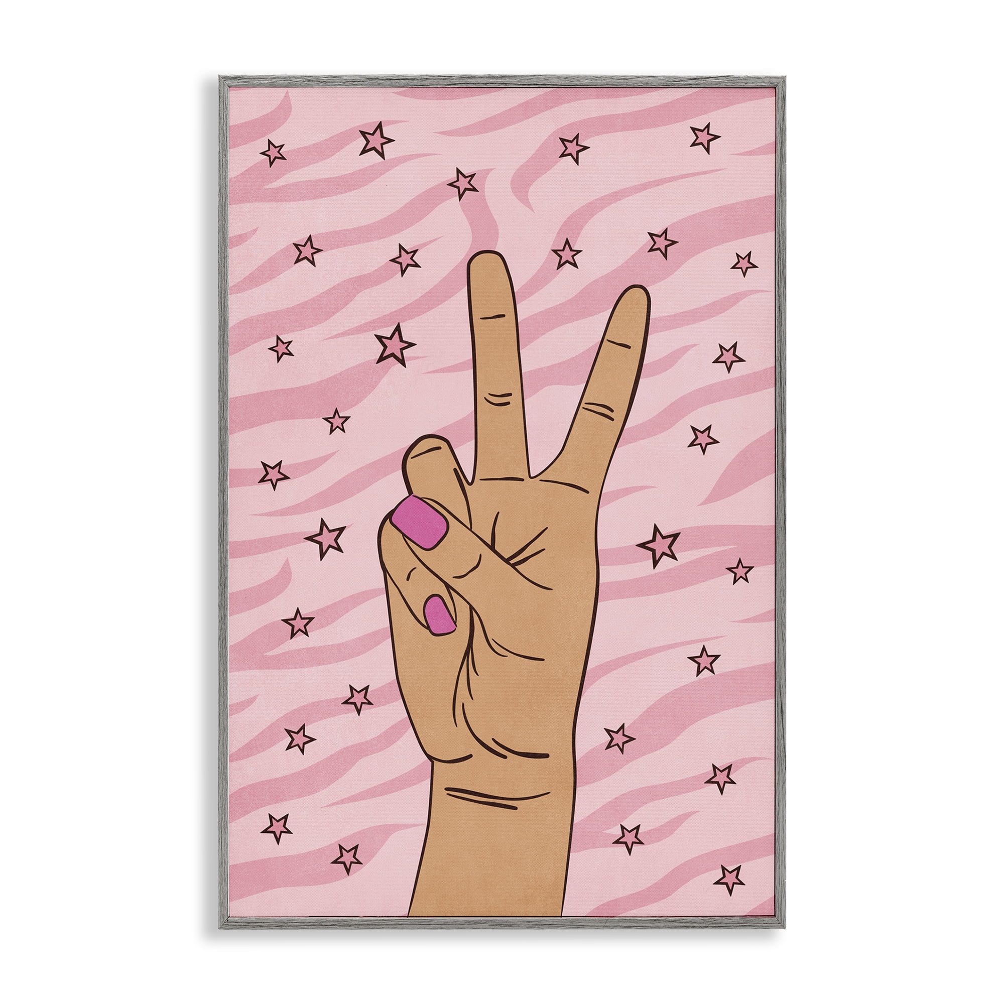 Stupell Industries Peace Hand & Stars Pattern People Painting Gray Framed Art Print Wall Art, 12 x 18