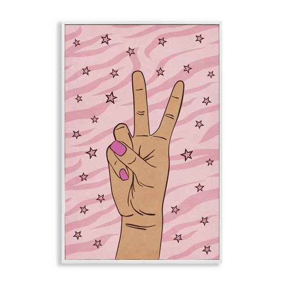 Stupell Industries Peace Hand & Stars Pattern People Painting White Framed Art Print Wall Art, 12 x 18